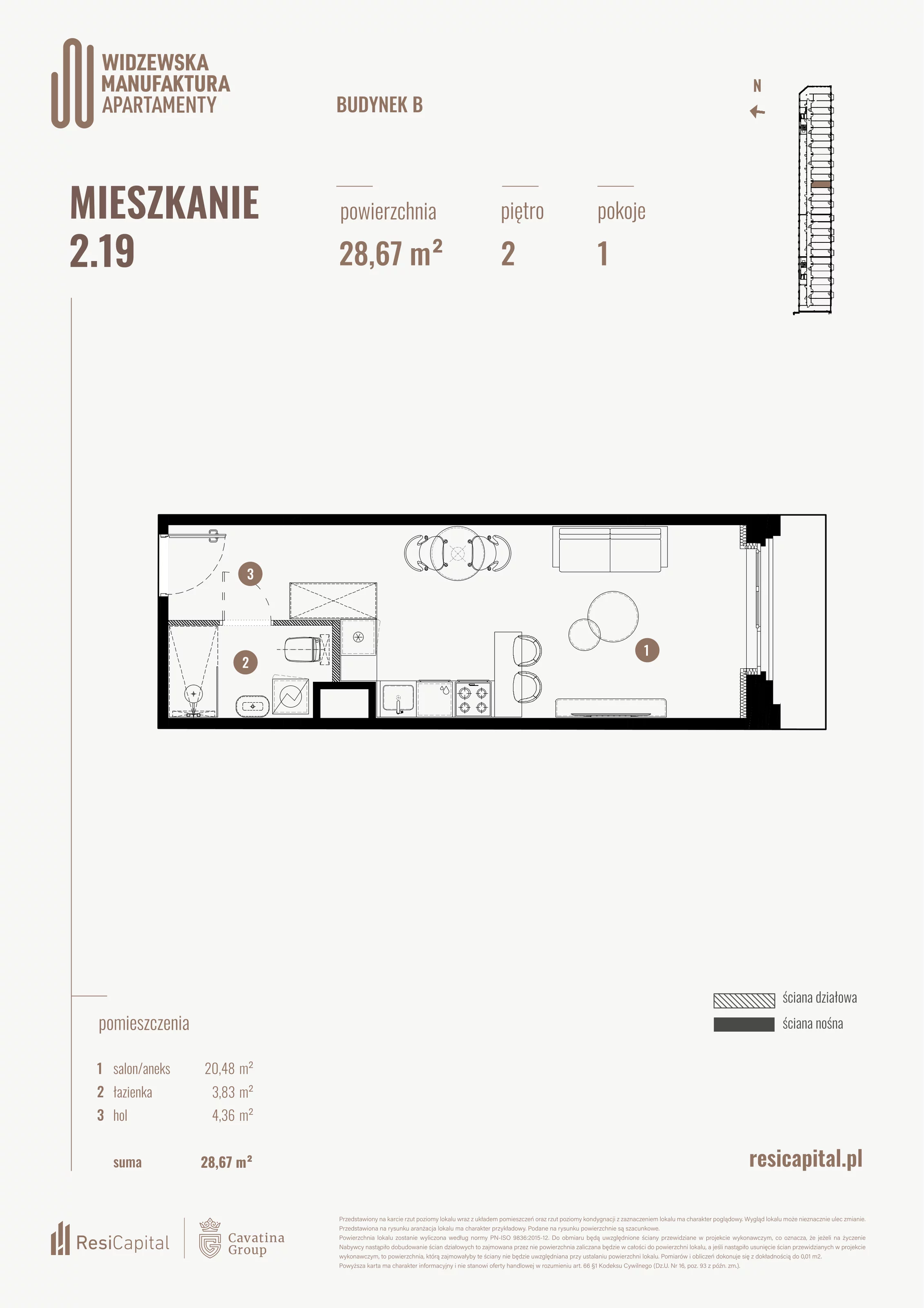 1 pokój, mieszkanie 28,67 m², piętro 2, oferta nr B.02.19., Wima Apartments, Łódź, Widzew, al. Piłsudskiego 135