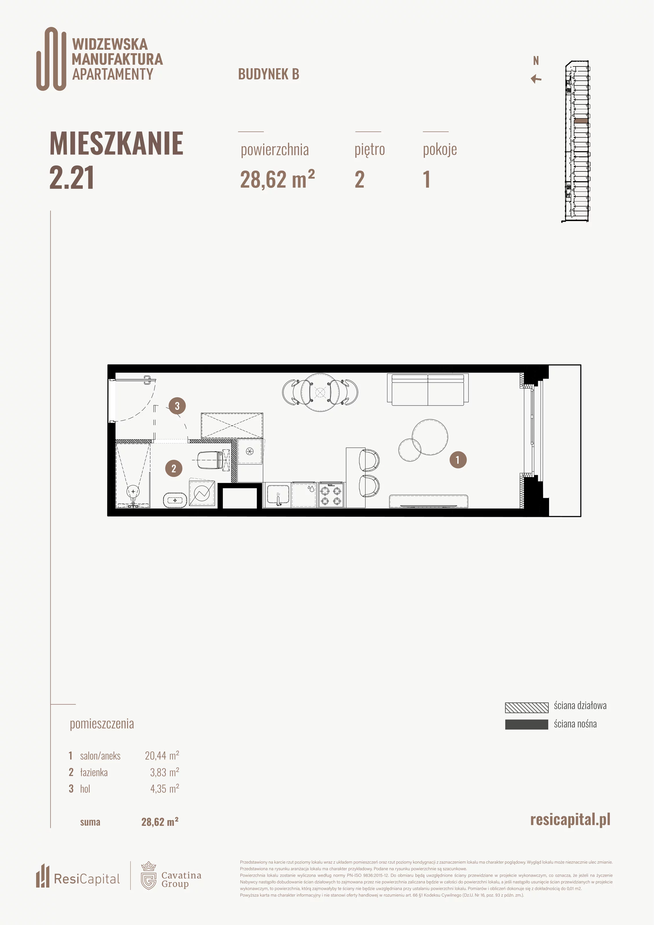 1 pokój, mieszkanie 28,62 m², piętro 2, oferta nr B.02.21., Wima Apartments, Łódź, Widzew, al. Piłsudskiego 135