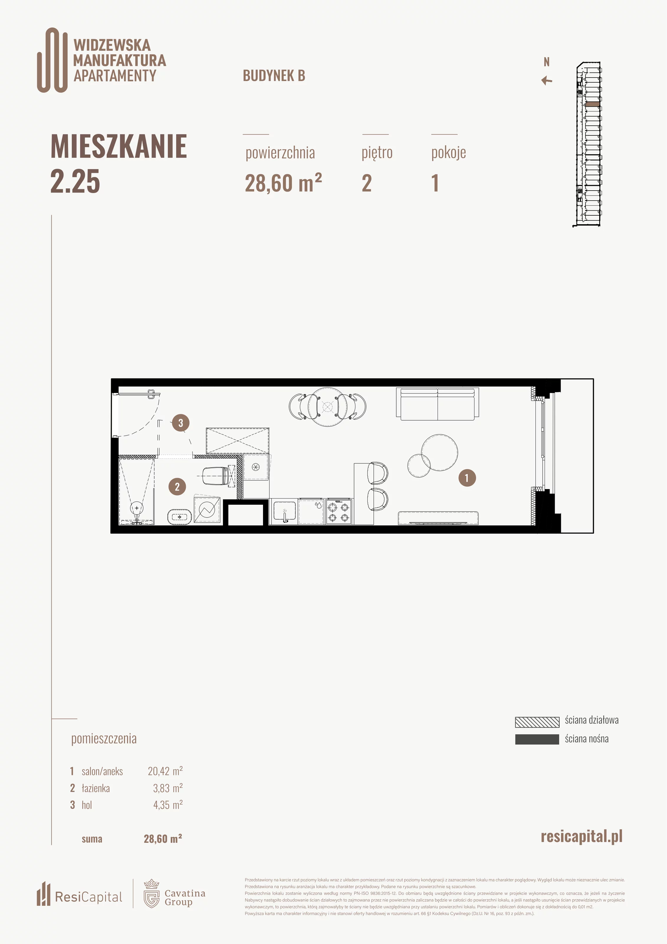 1 pokój, mieszkanie 28,60 m², piętro 2, oferta nr B.02.25., Wima Apartments, Łódź, Widzew, al. Piłsudskiego 135