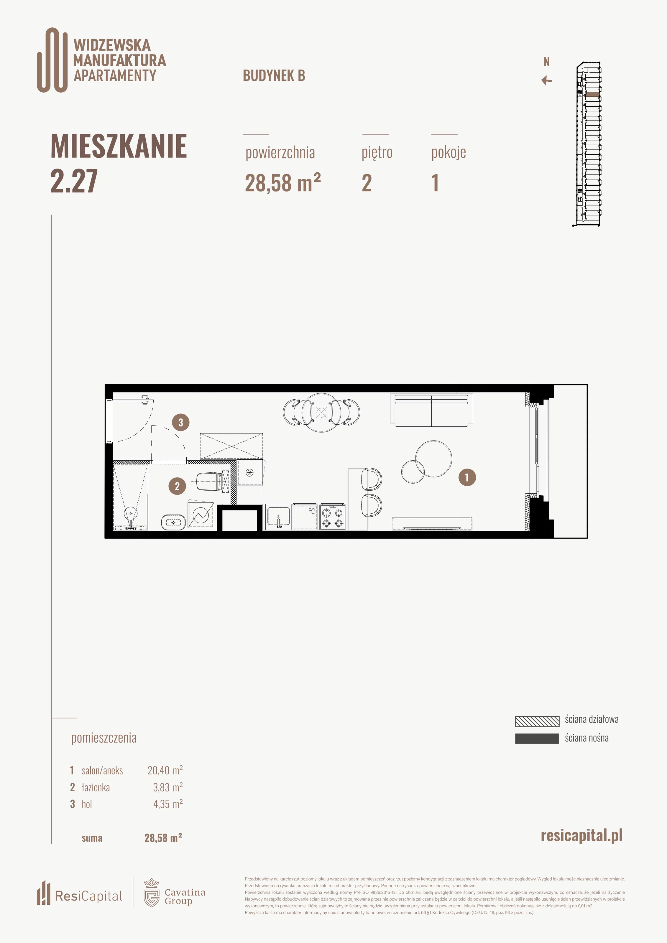 1 pokój, mieszkanie 28,58 m², piętro 2, oferta nr B.02.27., Wima Apartments, Łódź, Widzew, al. Piłsudskiego 135