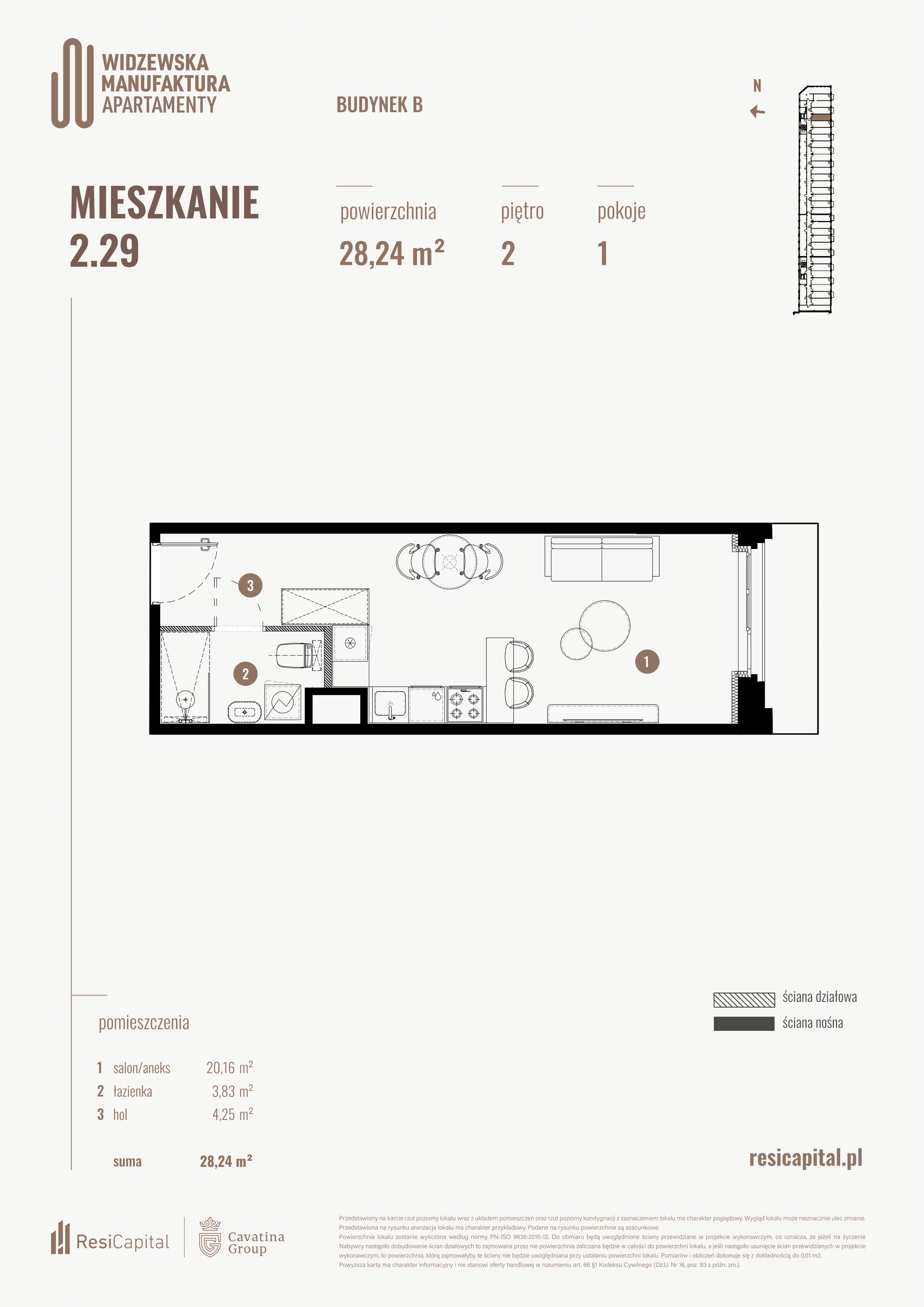 1 pokój, mieszkanie 28,24 m², piętro 2, oferta nr B.02.29., Wima Apartments, Łódź, Widzew, al. Piłsudskiego 135
