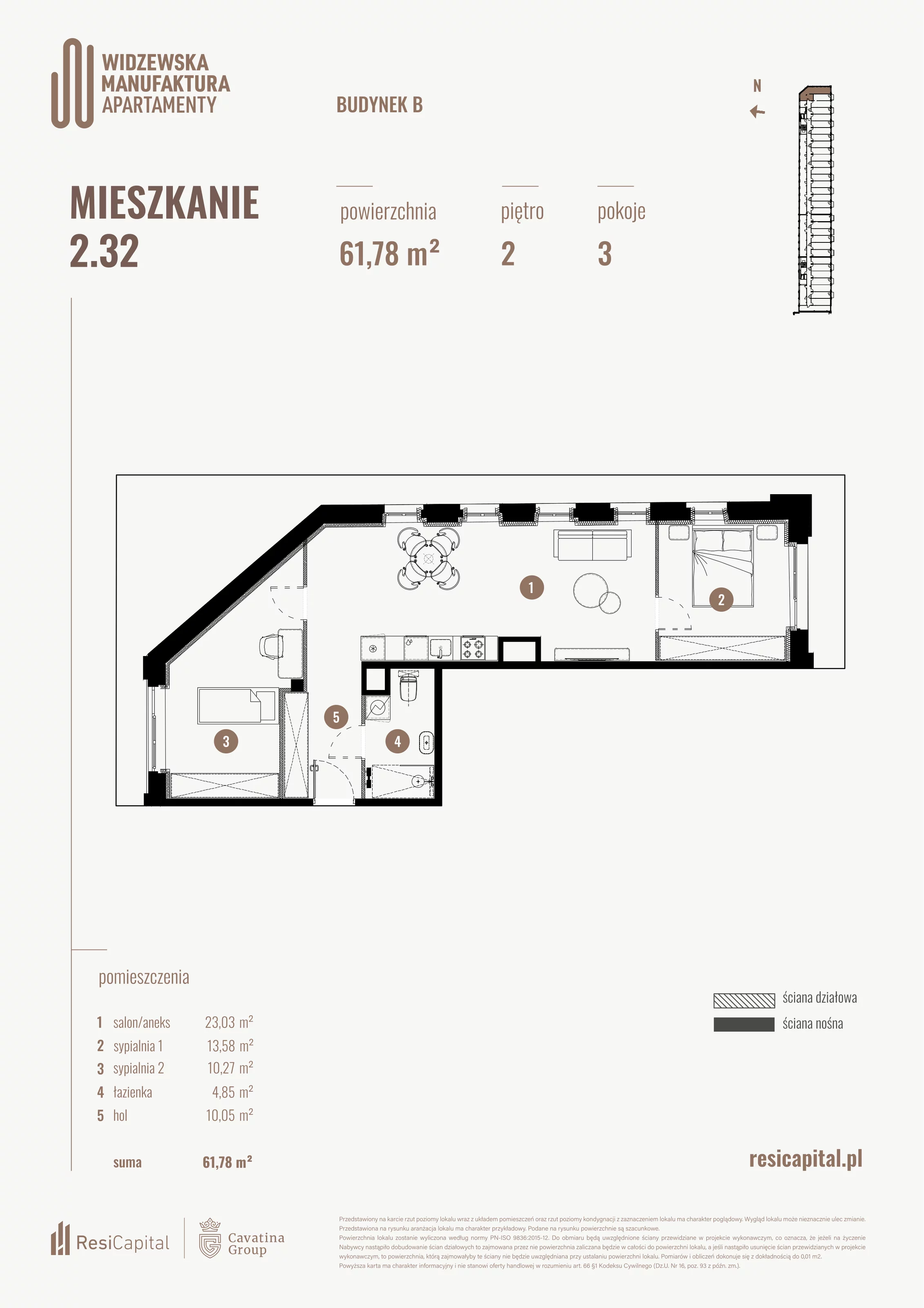 3 pokoje, mieszkanie 61,78 m², piętro 2, oferta nr B.02.32., Wima Apartments, Łódź, Widzew, al. Piłsudskiego 135