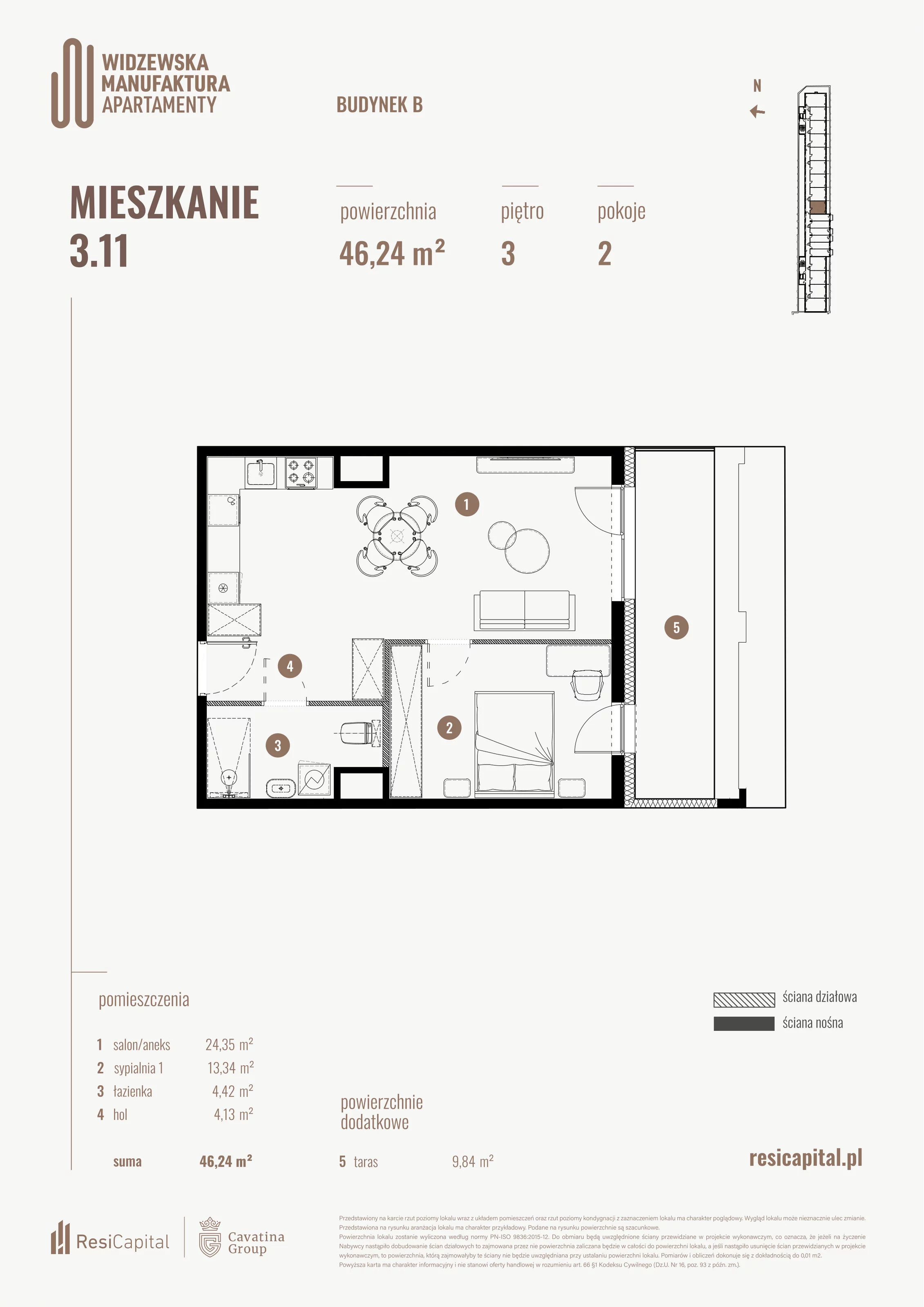 2 pokoje, mieszkanie 46,24 m², piętro 3, oferta nr B.03.11., Wima Apartments, Łódź, Widzew, al. Piłsudskiego 135