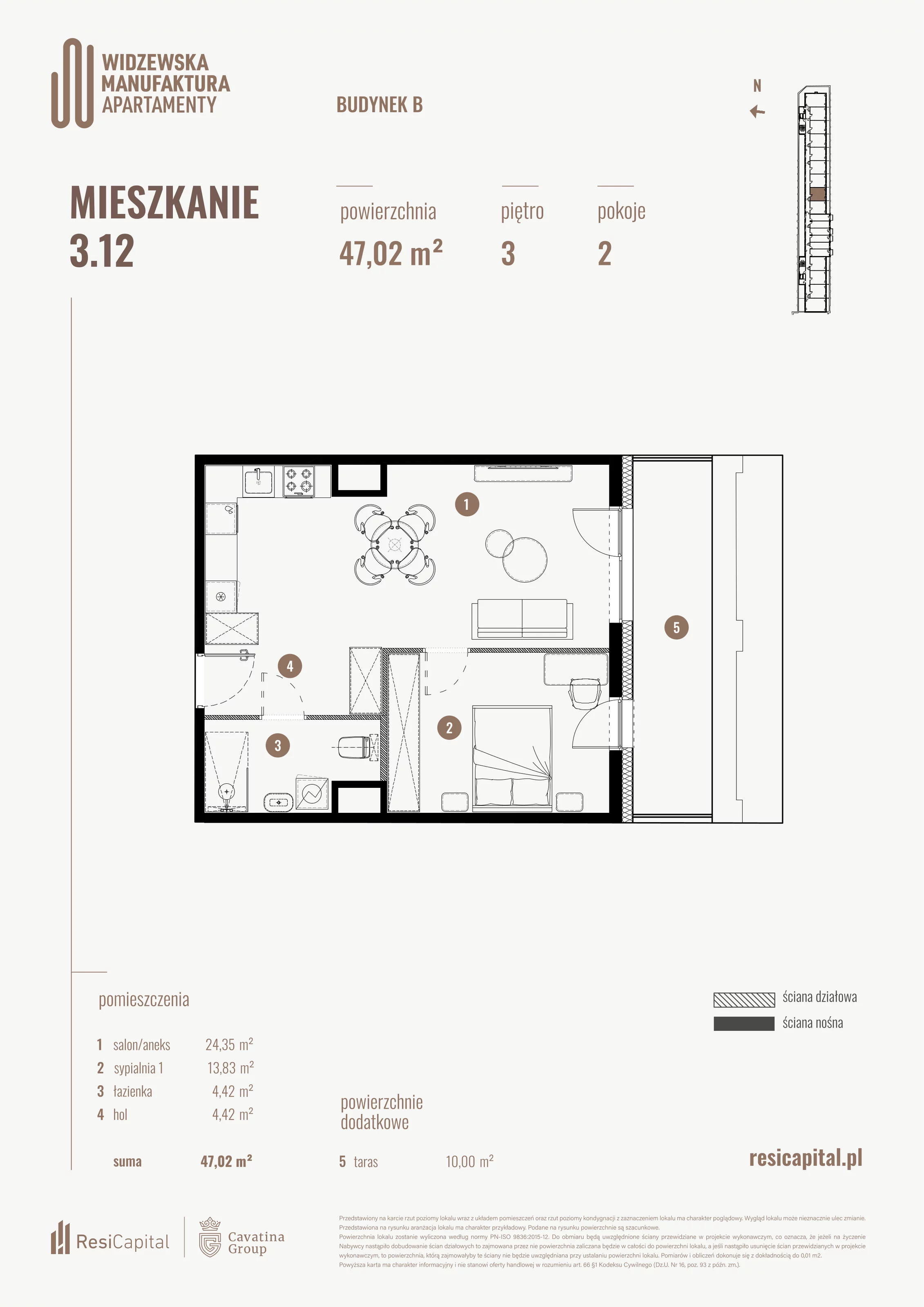 2 pokoje, mieszkanie 47,02 m², piętro 3, oferta nr B.03.12., Wima Apartments, Łódź, Widzew, al. Piłsudskiego 135