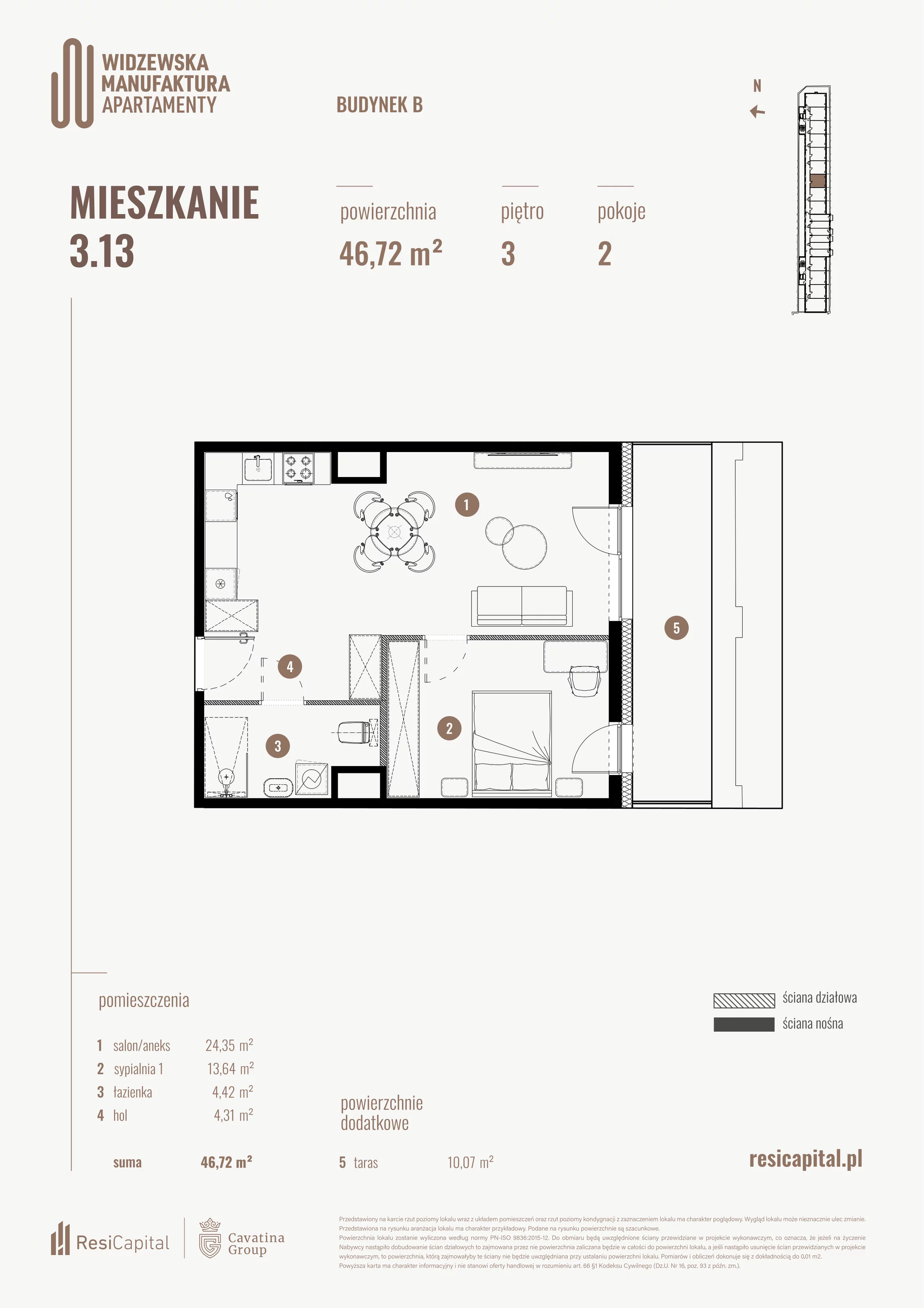 2 pokoje, mieszkanie 46,72 m², piętro 3, oferta nr B.03.13., Wima Apartments, Łódź, Widzew, al. Piłsudskiego 135