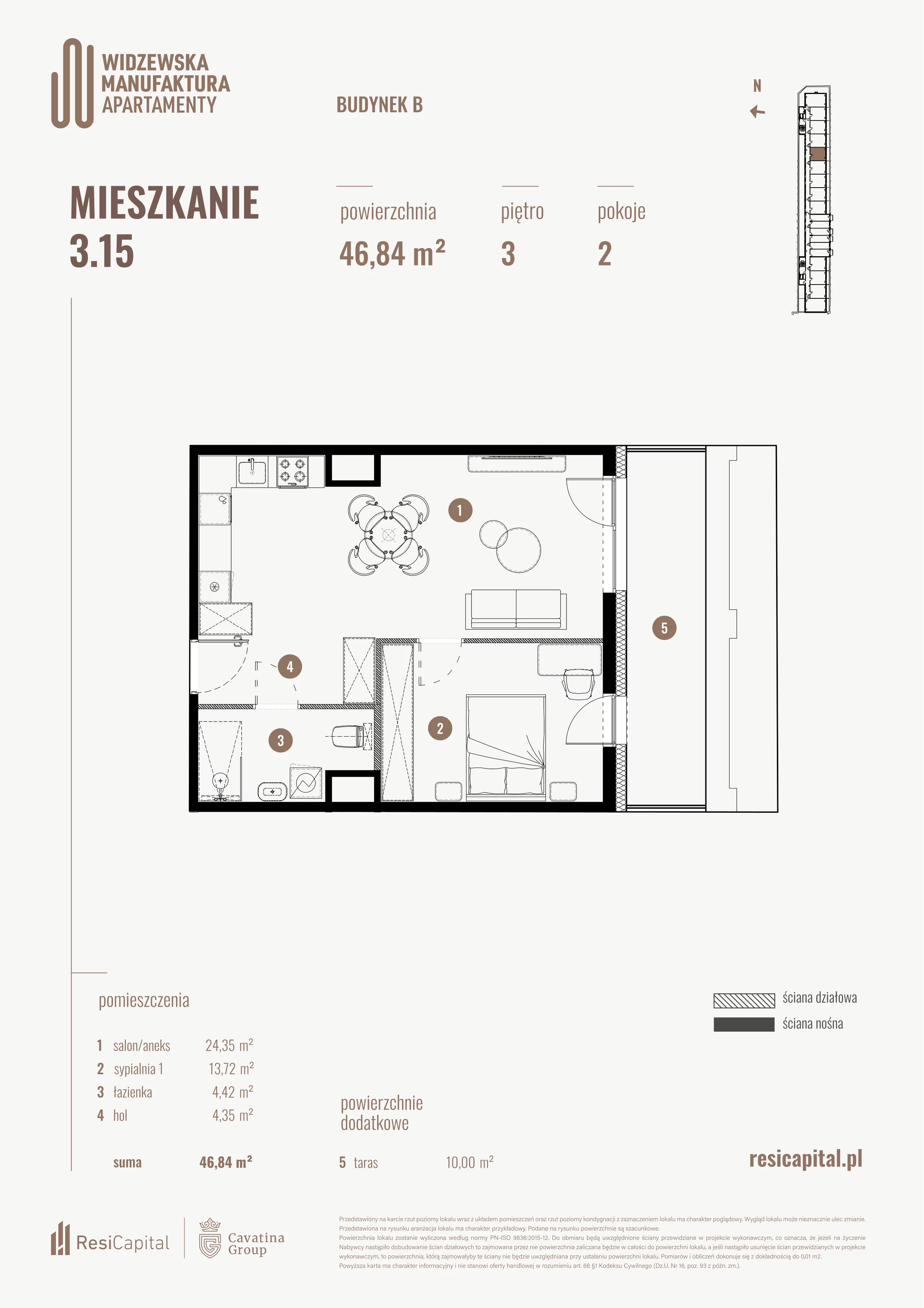 2 pokoje, mieszkanie 46,84 m², piętro 3, oferta nr B.03.15., Wima Apartments, Łódź, Widzew, al. Piłsudskiego 135