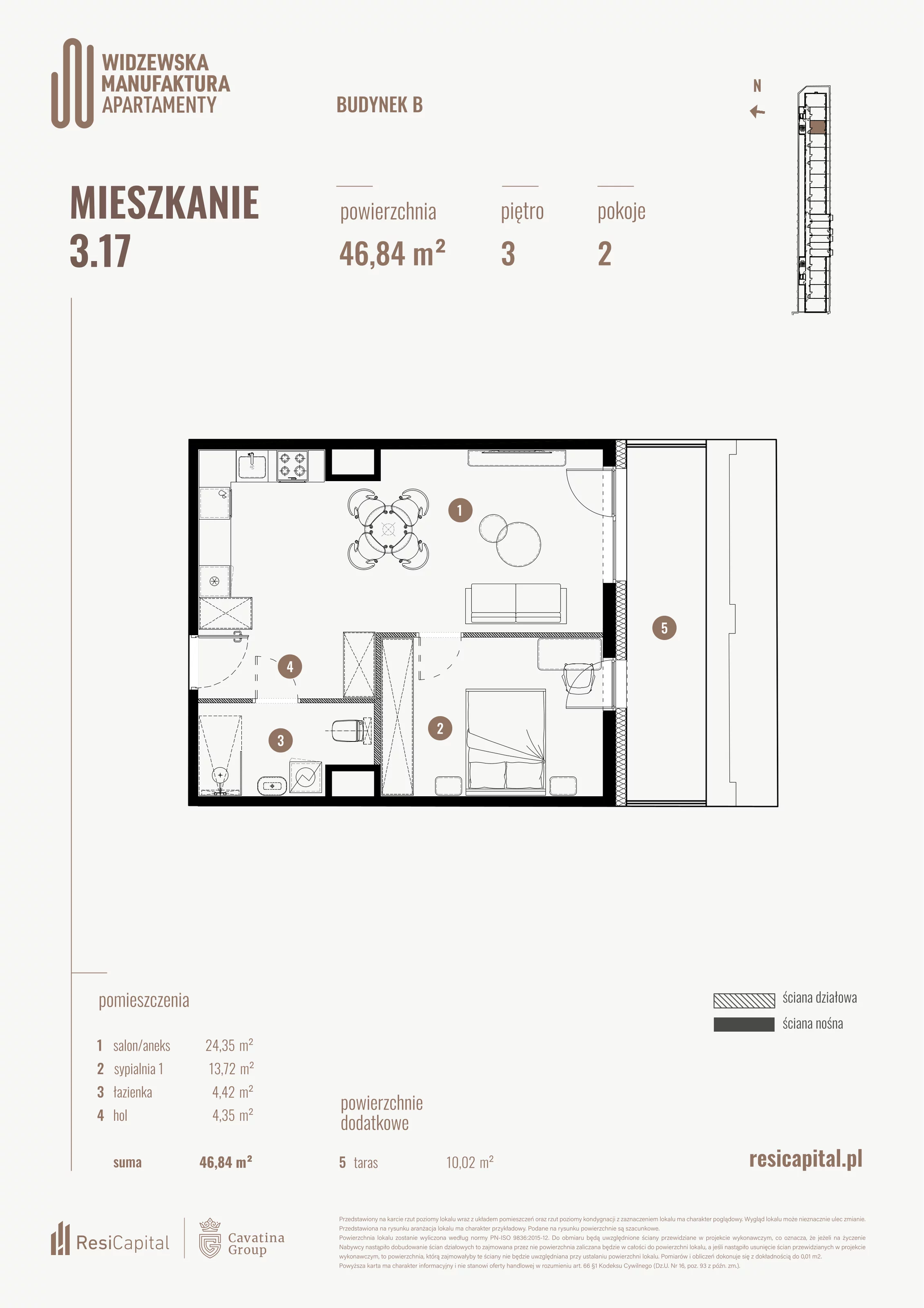2 pokoje, mieszkanie 46,84 m², piętro 3, oferta nr B.03.17., Wima Apartments, Łódź, Widzew, al. Piłsudskiego 135