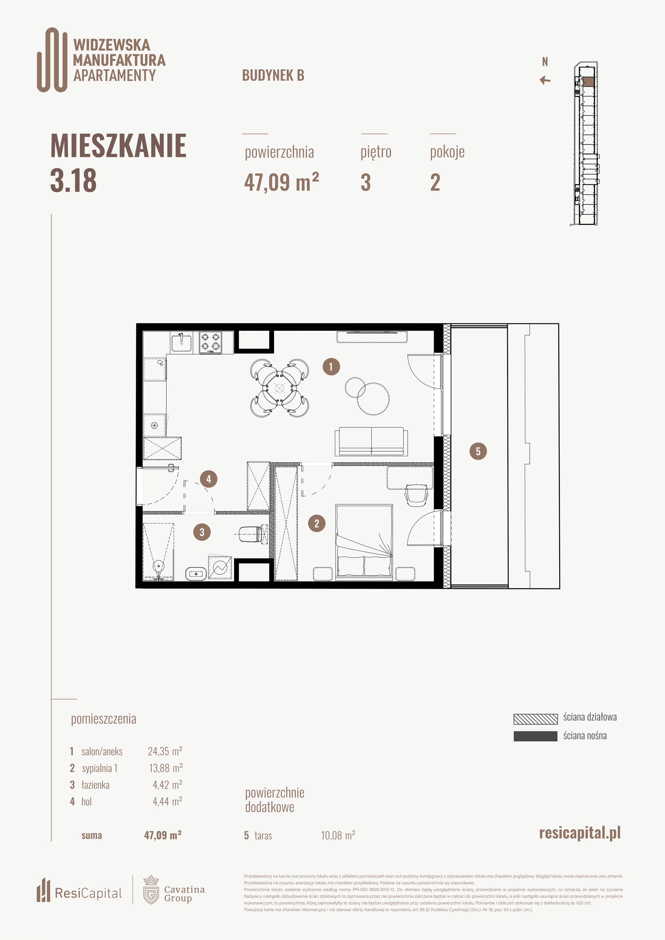 2 pokoje, mieszkanie 47,09 m², piętro 3, oferta nr B.03.18., Wima Apartments, Łódź, Widzew, al. Piłsudskiego 135