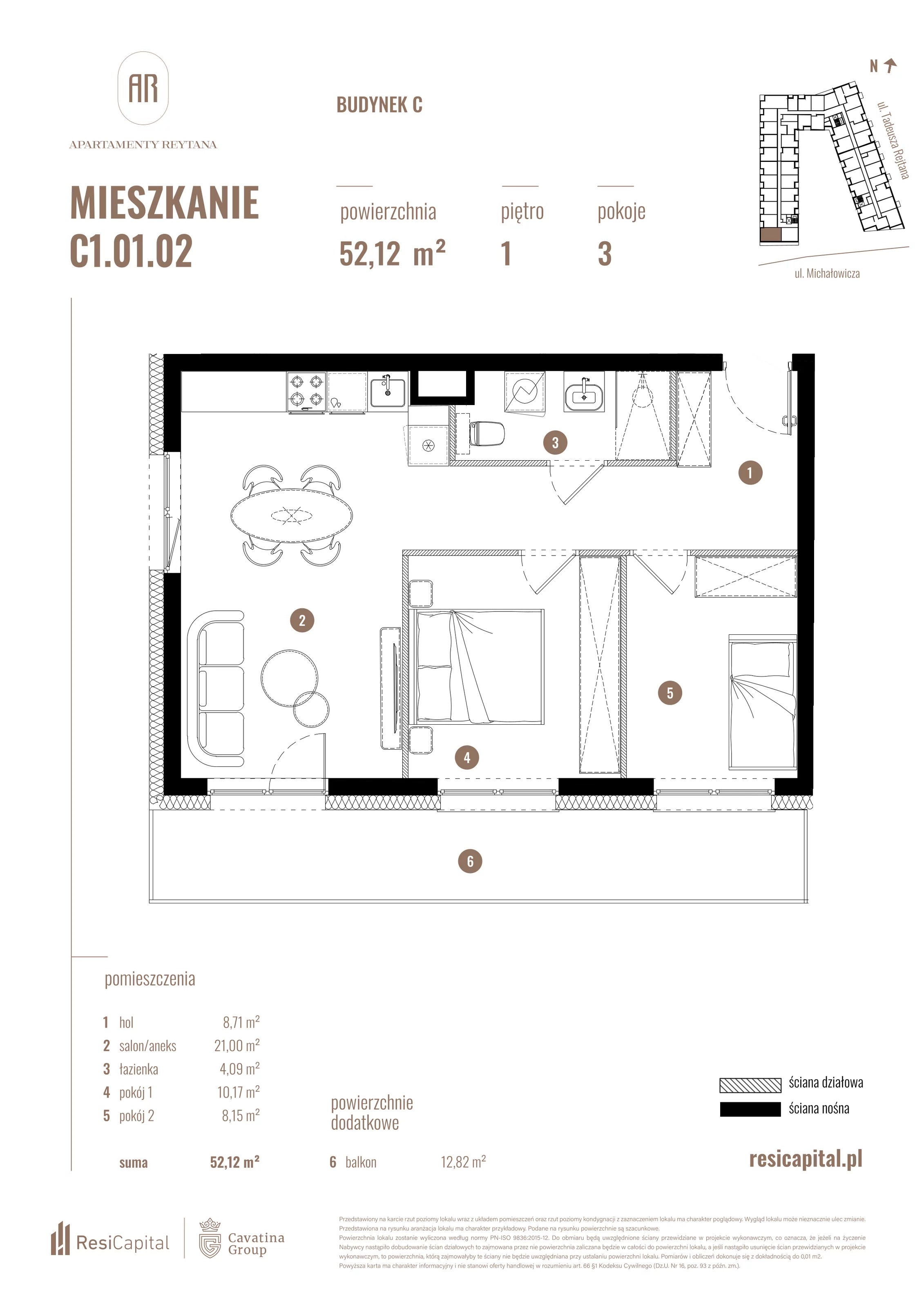 3 pokoje, mieszkanie 52,12 m², piętro 1, oferta nr C1.01.02, Apartamenty Reytana, Bielsko-Biała, ul. Rejtana 3