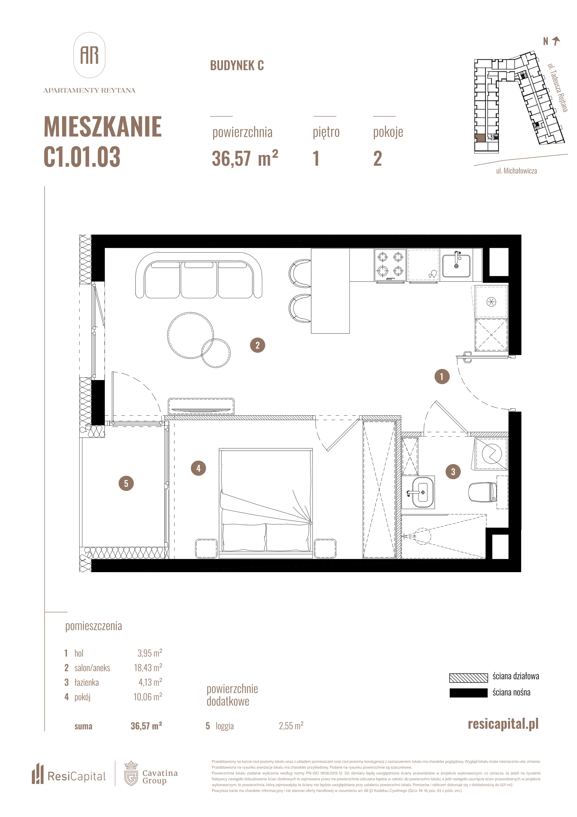 2 pokoje, mieszkanie 36,57 m², piętro 1, oferta nr C1.01.03, Apartamenty Reytana, Bielsko-Biała, ul. Rejtana 3