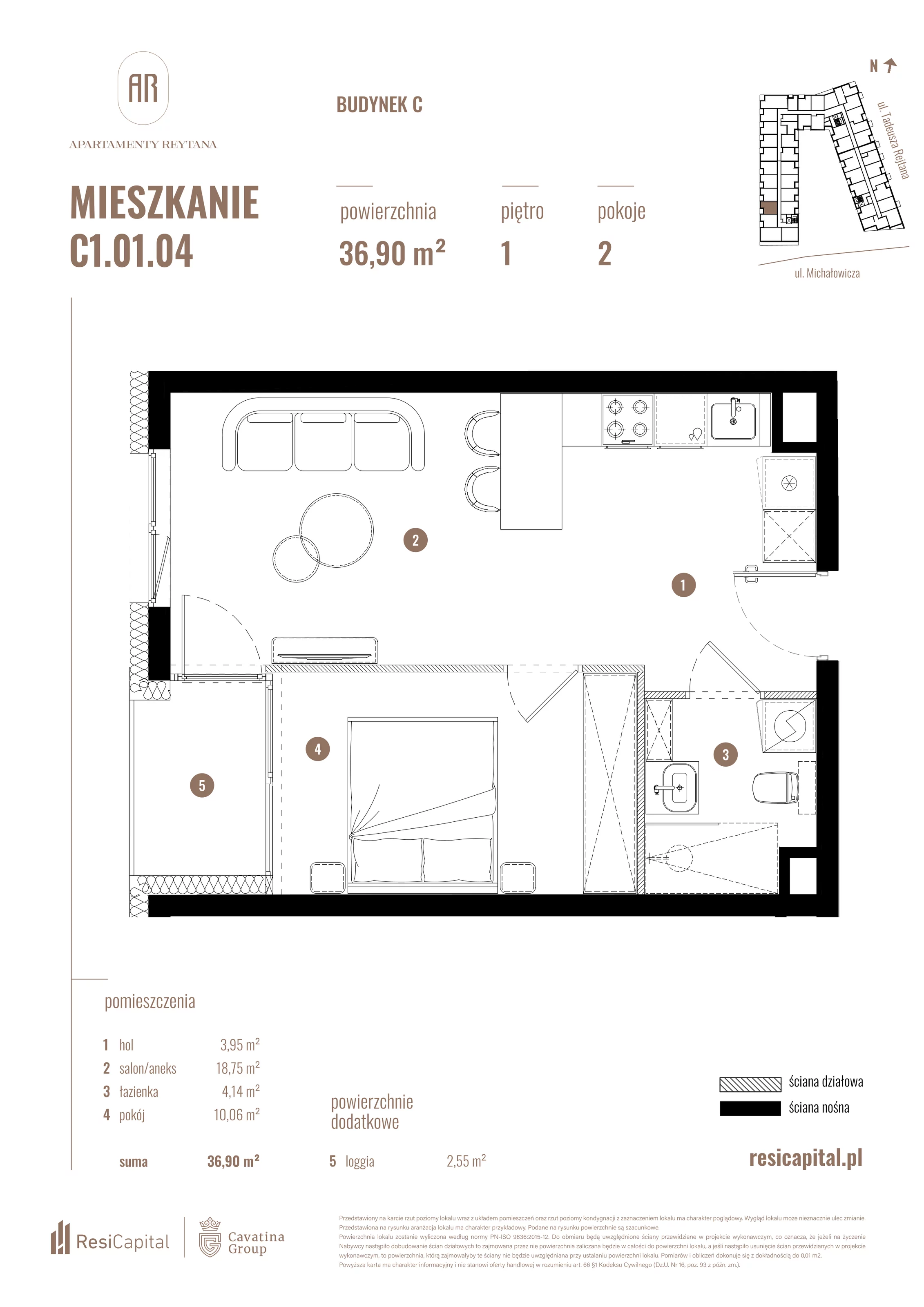 2 pokoje, mieszkanie 36,90 m², piętro 1, oferta nr C1.01.04, Apartamenty Reytana, Bielsko-Biała, ul. Rejtana 3