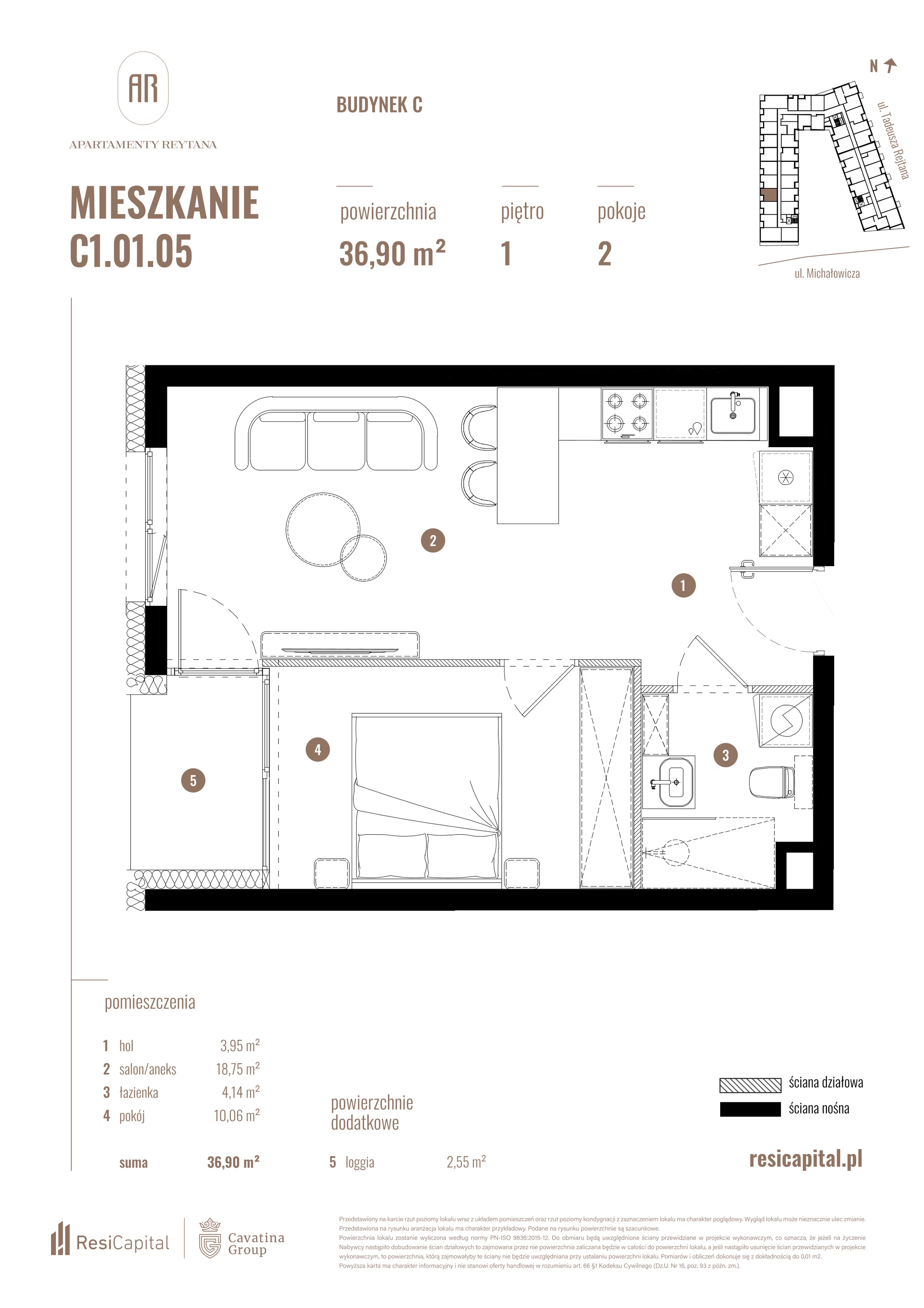 2 pokoje, mieszkanie 36,90 m², piętro 1, oferta nr C1.01.05, Apartamenty Reytana, Bielsko-Biała, ul. Rejtana 3