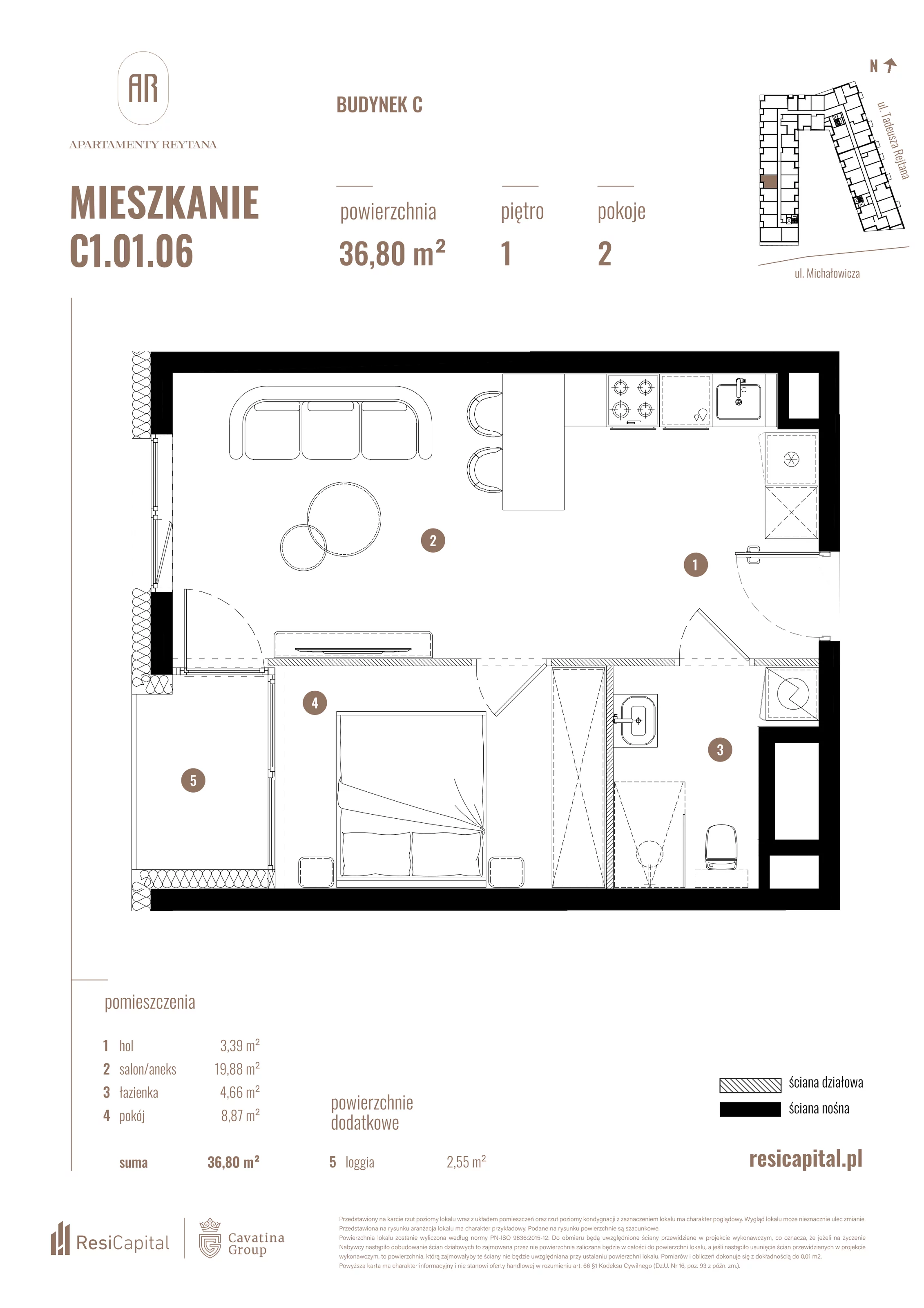 2 pokoje, mieszkanie 36,80 m², piętro 1, oferta nr C1.01.06, Apartamenty Reytana, Bielsko-Biała, ul. Rejtana 3