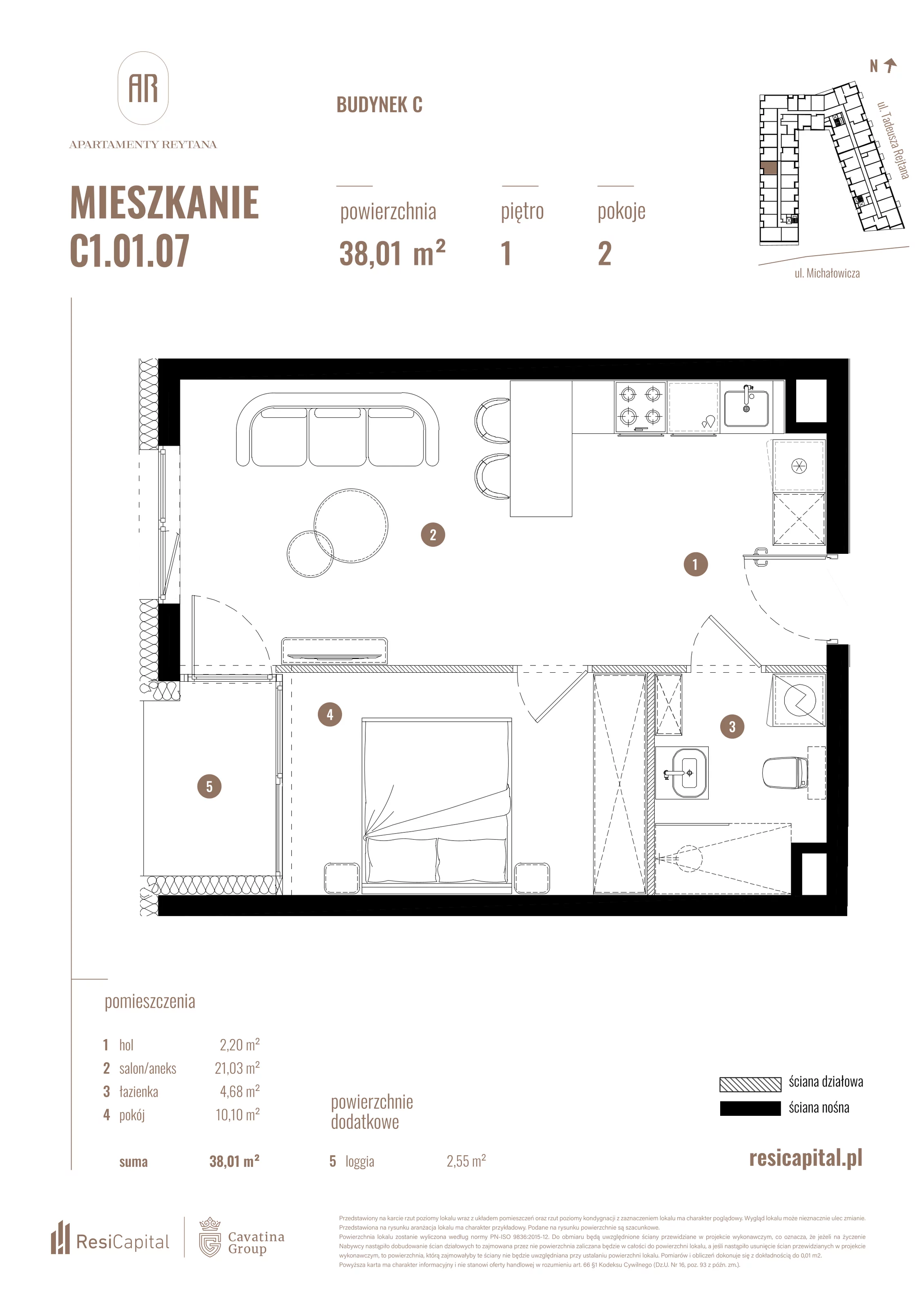 2 pokoje, mieszkanie 38,01 m², piętro 1, oferta nr C1.01.07, Apartamenty Reytana, Bielsko-Biała, ul. Rejtana 3