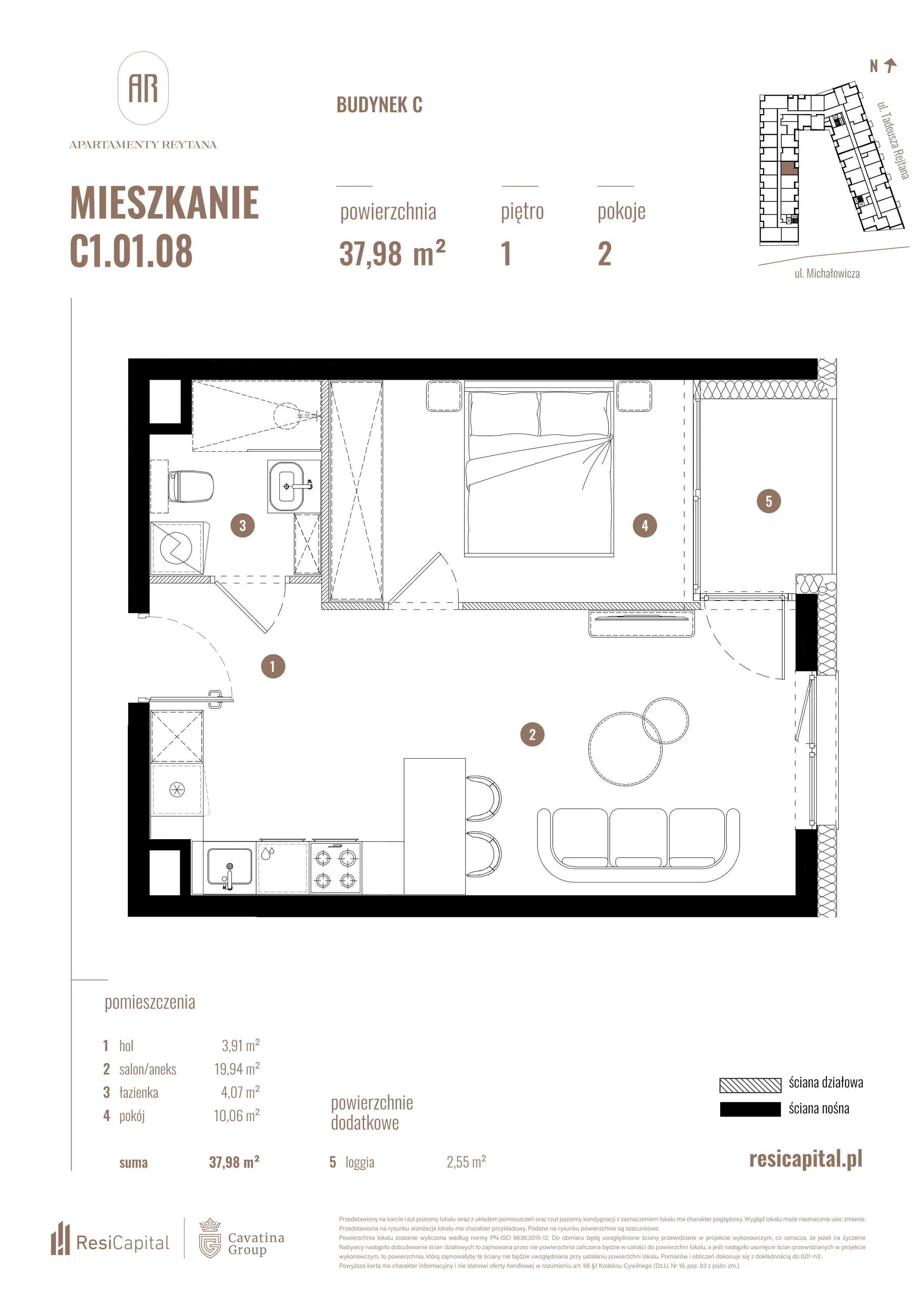 2 pokoje, mieszkanie 37,98 m², piętro 1, oferta nr C1.01.08, Apartamenty Reytana, Bielsko-Biała, ul. Rejtana 3
