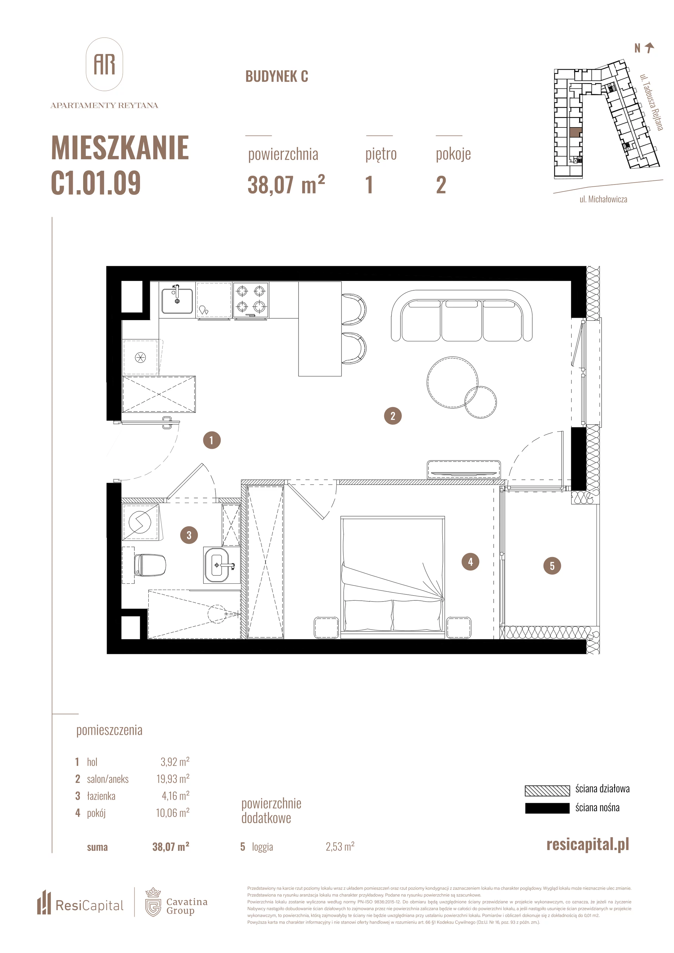 2 pokoje, mieszkanie 38,07 m², piętro 1, oferta nr C1.01.09, Apartamenty Reytana, Bielsko-Biała, ul. Rejtana 3