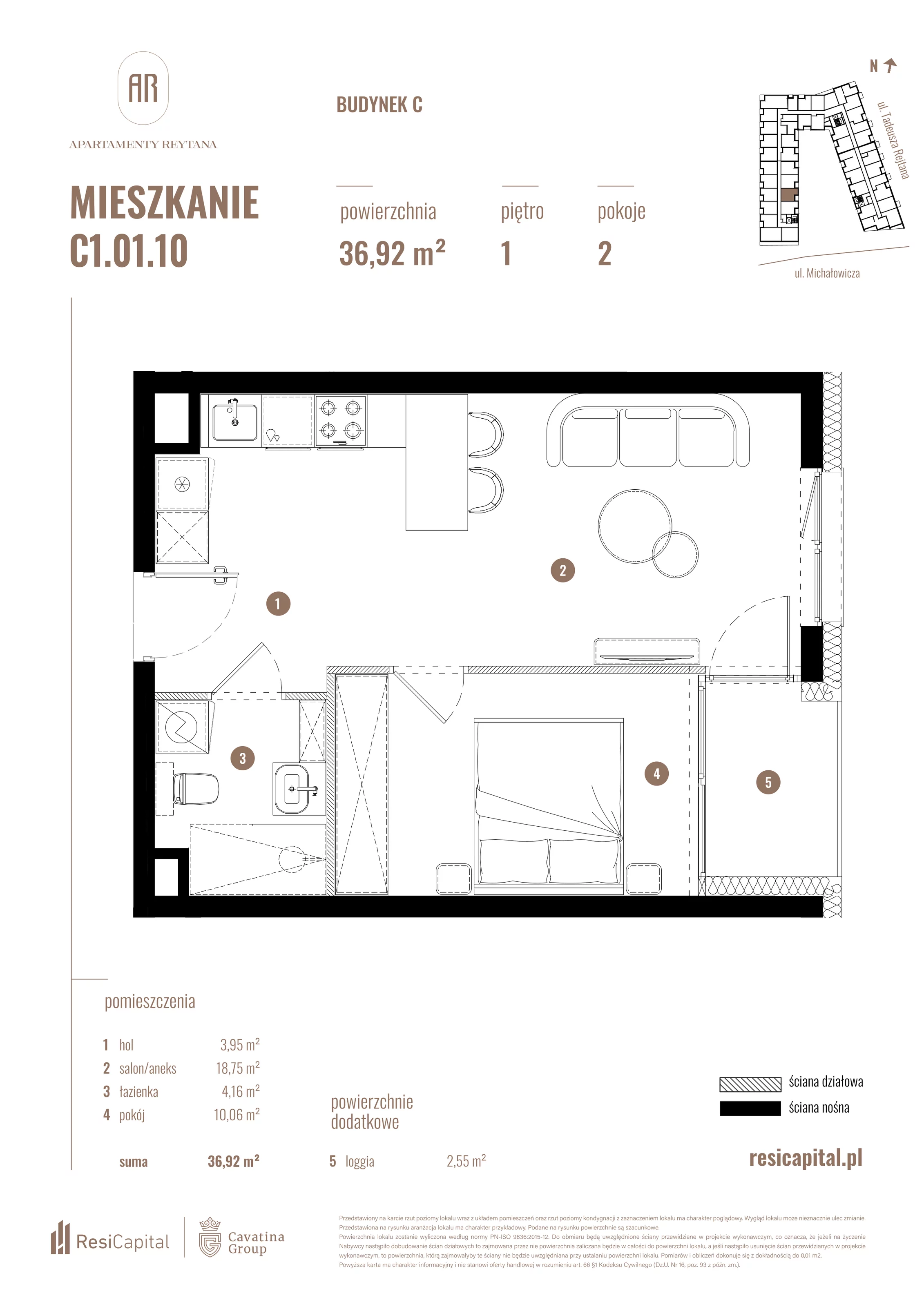 2 pokoje, mieszkanie 36,92 m², piętro 1, oferta nr C1.01.10, Apartamenty Reytana, Bielsko-Biała, ul. Rejtana 3