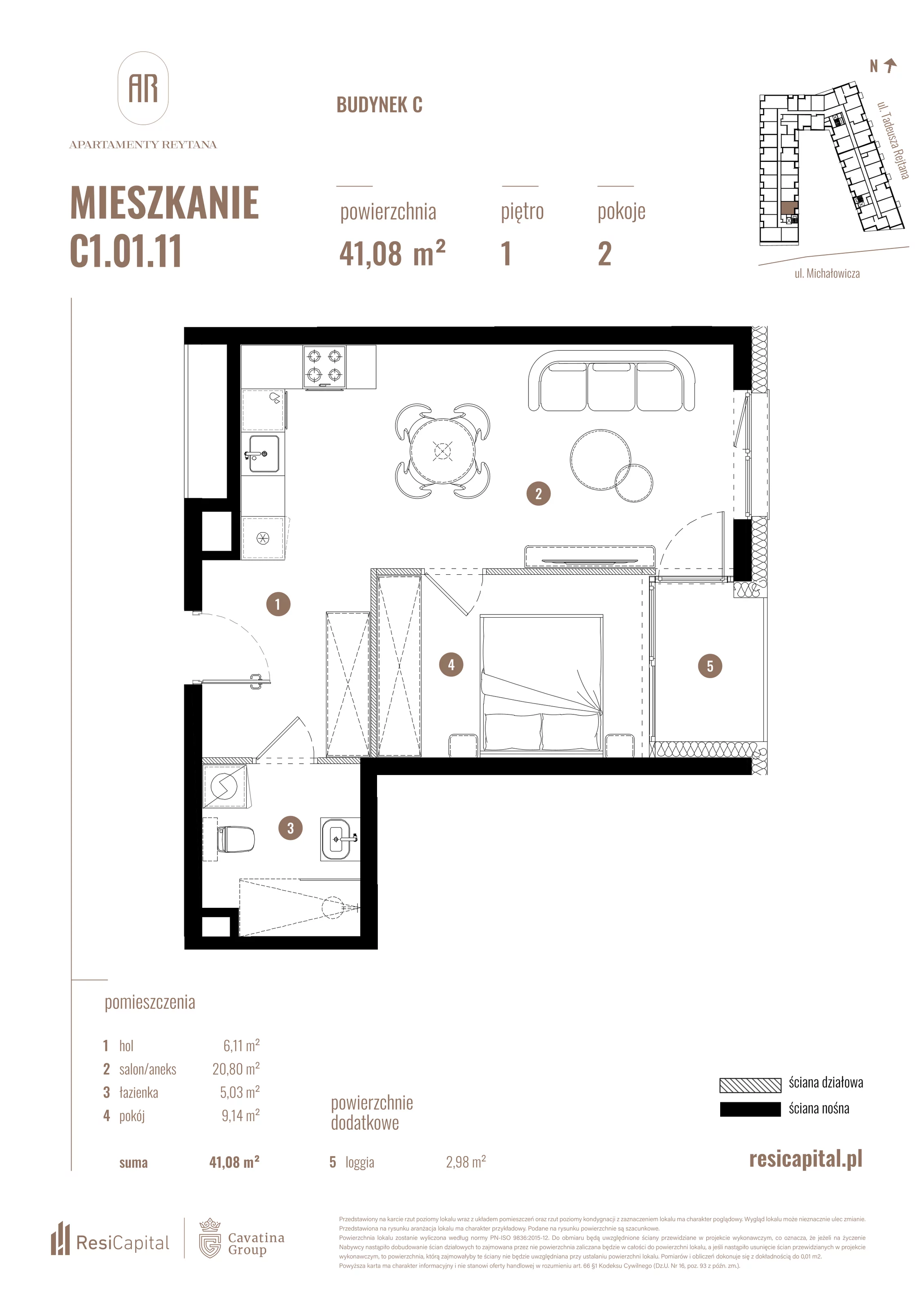 2 pokoje, mieszkanie 41,08 m², piętro 1, oferta nr C1.01.11, Apartamenty Reytana, Bielsko-Biała, ul. Rejtana 3