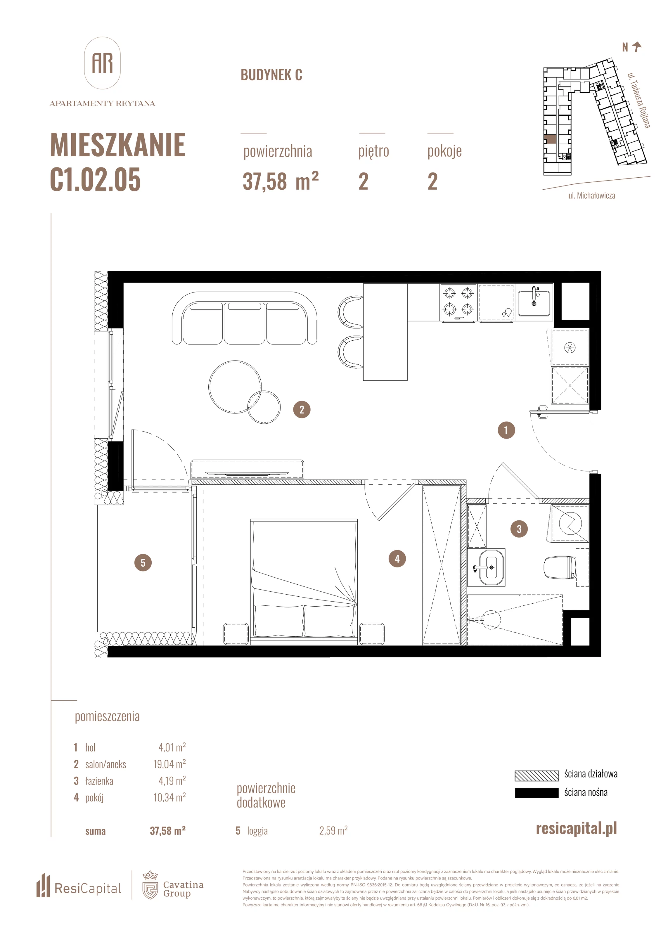 2 pokoje, mieszkanie 37,58 m², piętro 2, oferta nr C1.02.05, Apartamenty Reytana, Bielsko-Biała, ul. Rejtana 3
