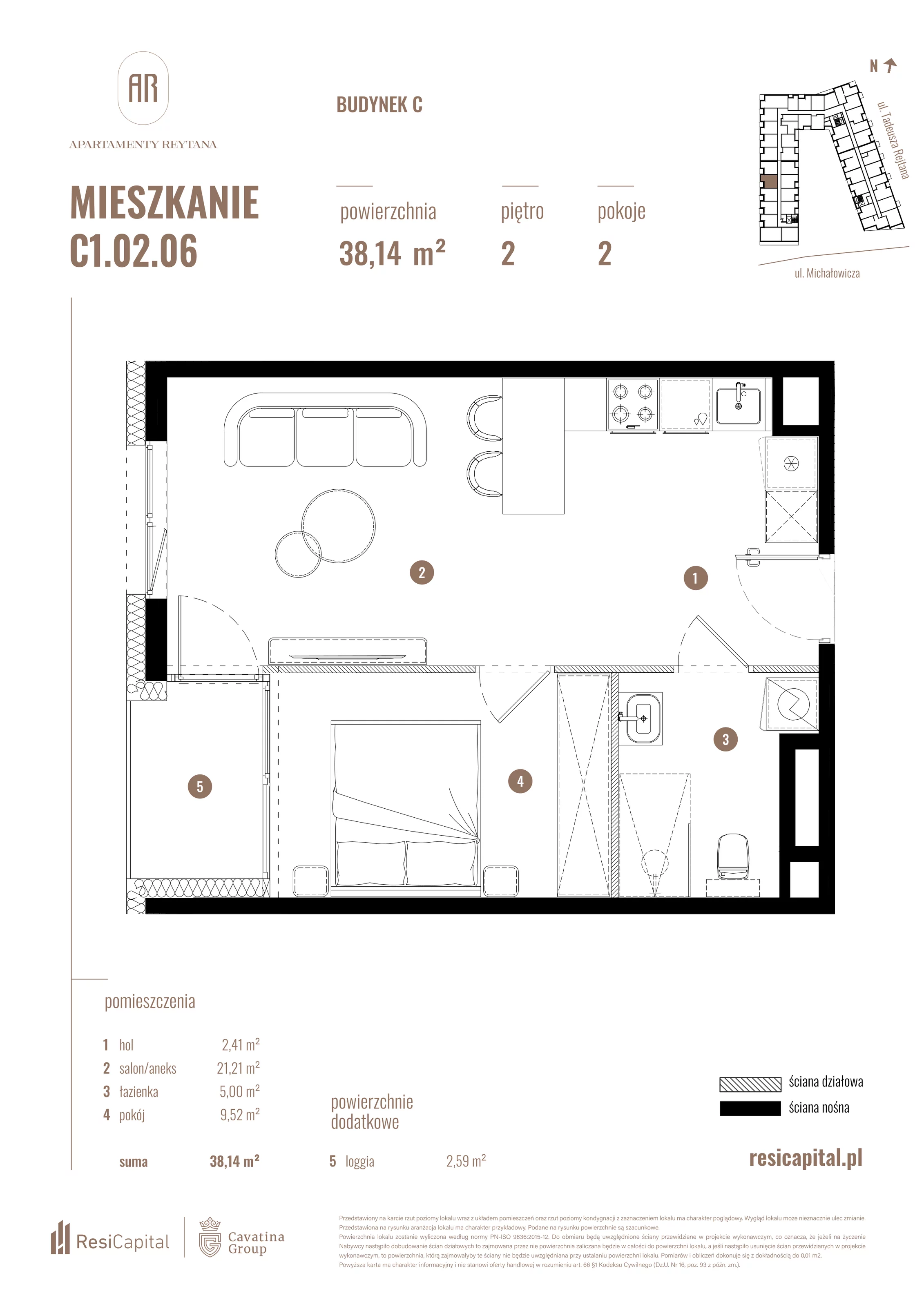 2 pokoje, mieszkanie 38,14 m², piętro 2, oferta nr C1.02.06, Apartamenty Reytana, Bielsko-Biała, ul. Rejtana 3
