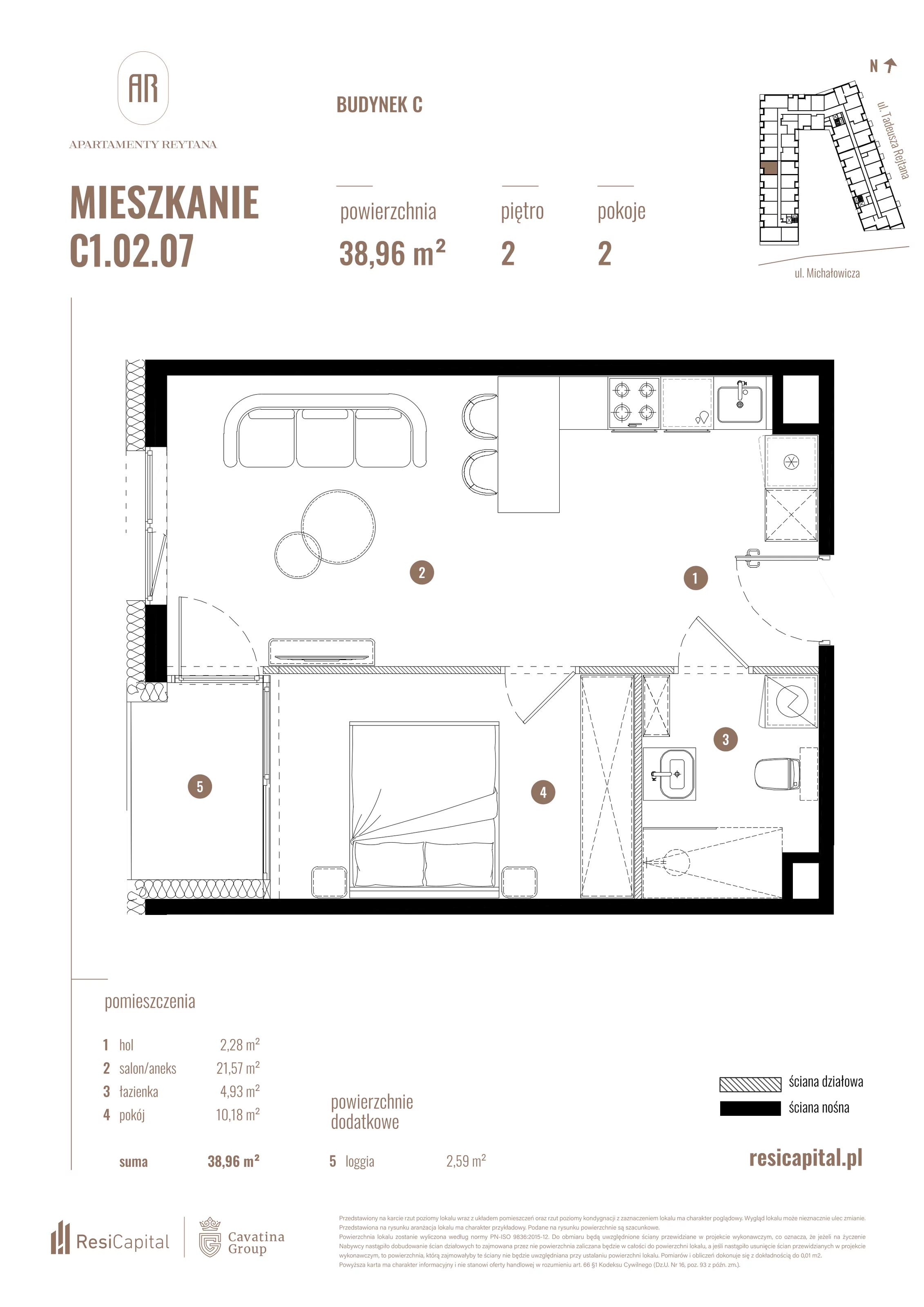 2 pokoje, mieszkanie 38,96 m², piętro 2, oferta nr C1.02.07, Apartamenty Reytana, Bielsko-Biała, ul. Rejtana 3