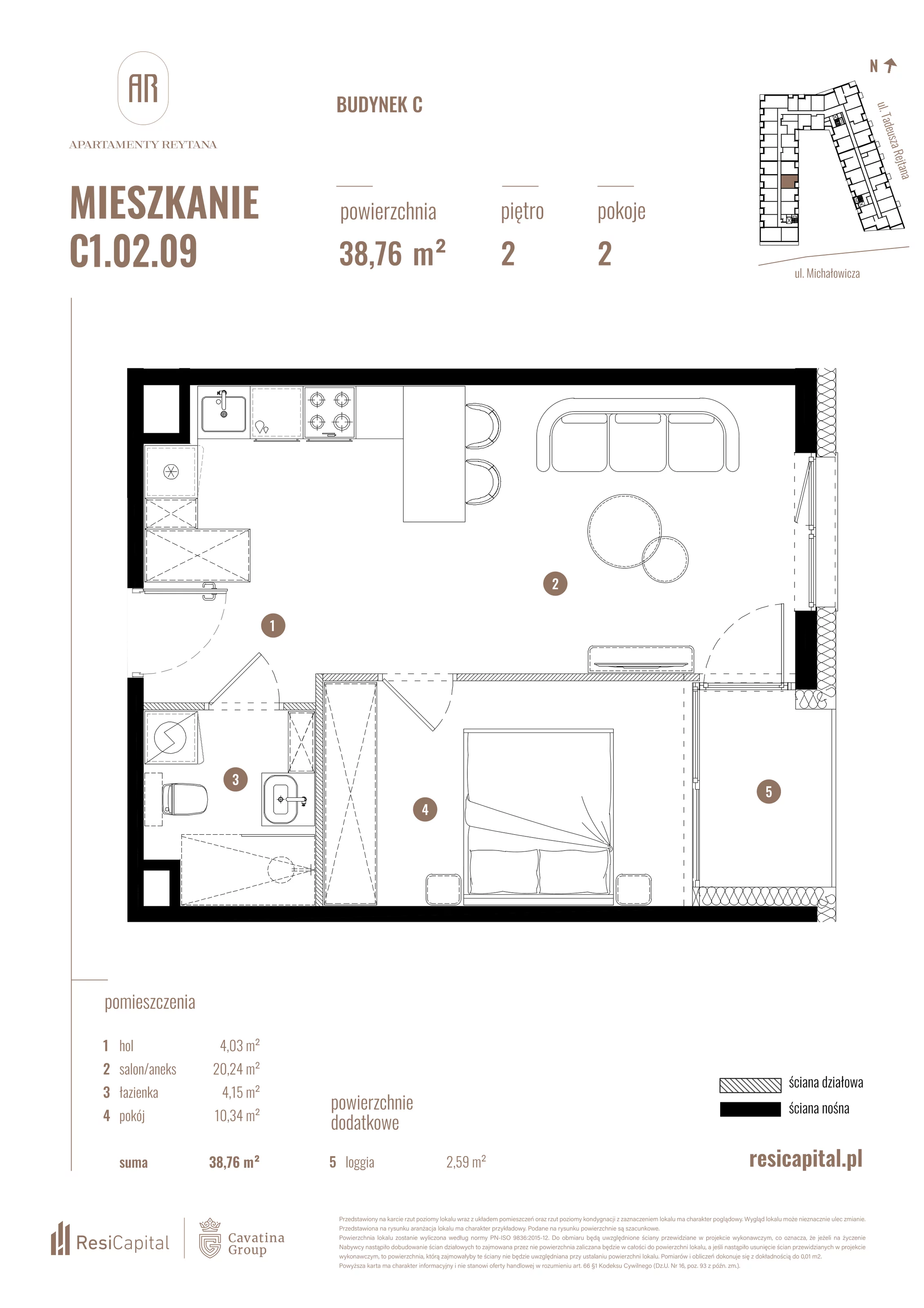 2 pokoje, mieszkanie 38,76 m², piętro 2, oferta nr C1.02.09, Apartamenty Reytana, Bielsko-Biała, ul. Rejtana 3