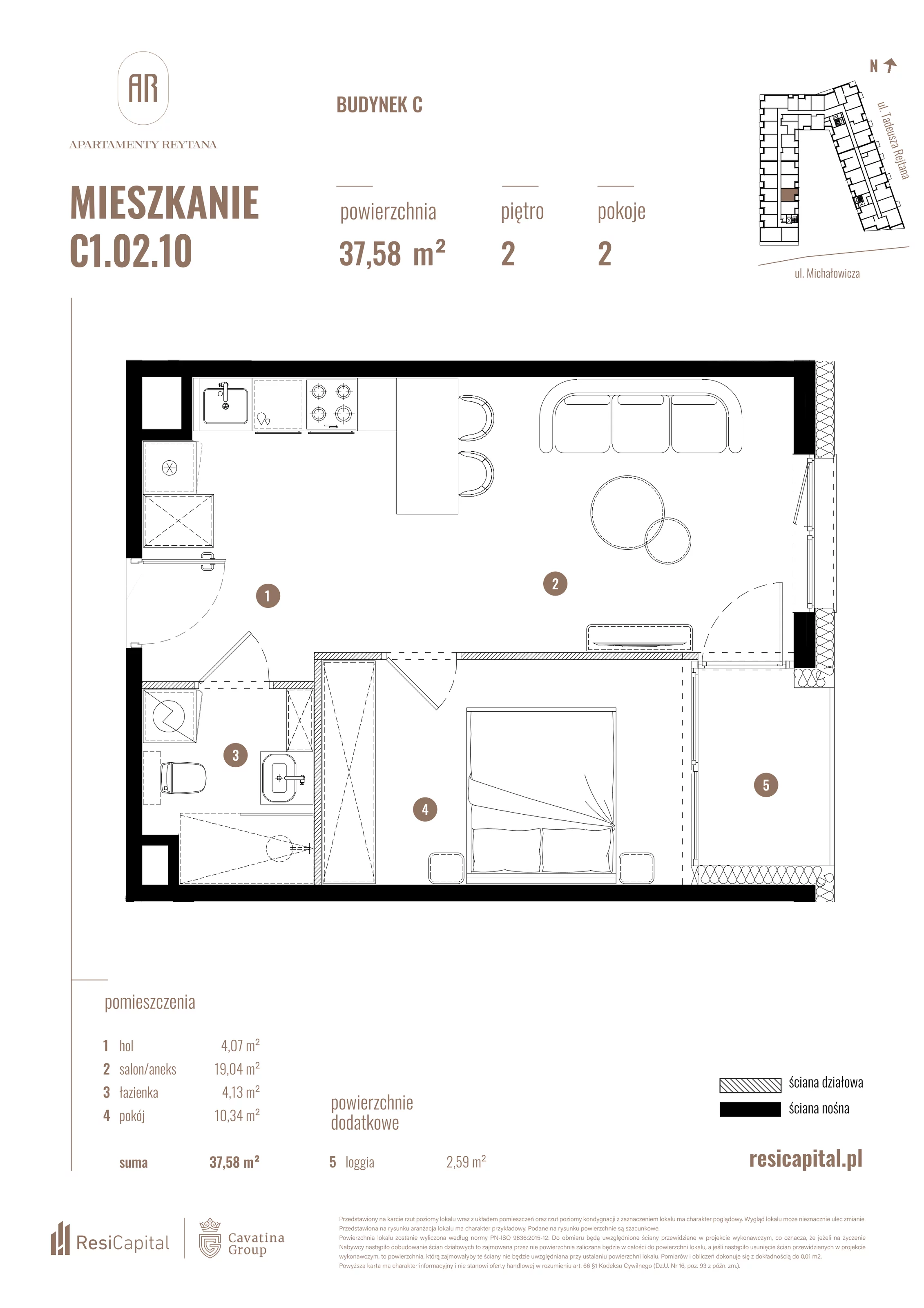 2 pokoje, mieszkanie 37,58 m², piętro 2, oferta nr C1.02.10, Apartamenty Reytana, Bielsko-Biała, ul. Rejtana 3