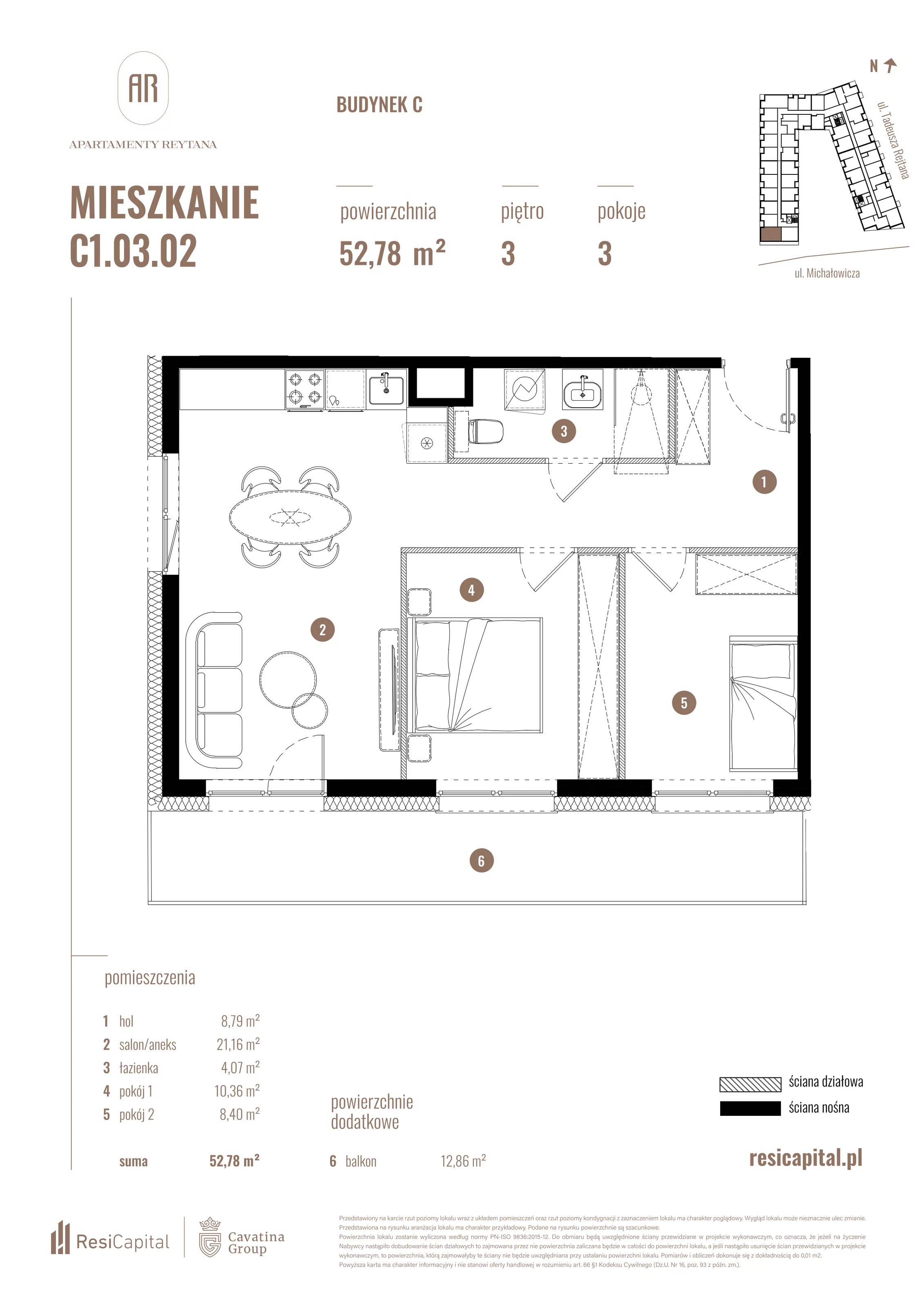 3 pokoje, mieszkanie 52,78 m², piętro 3, oferta nr C1.03.02, Apartamenty Reytana, Bielsko-Biała, ul. Rejtana 3