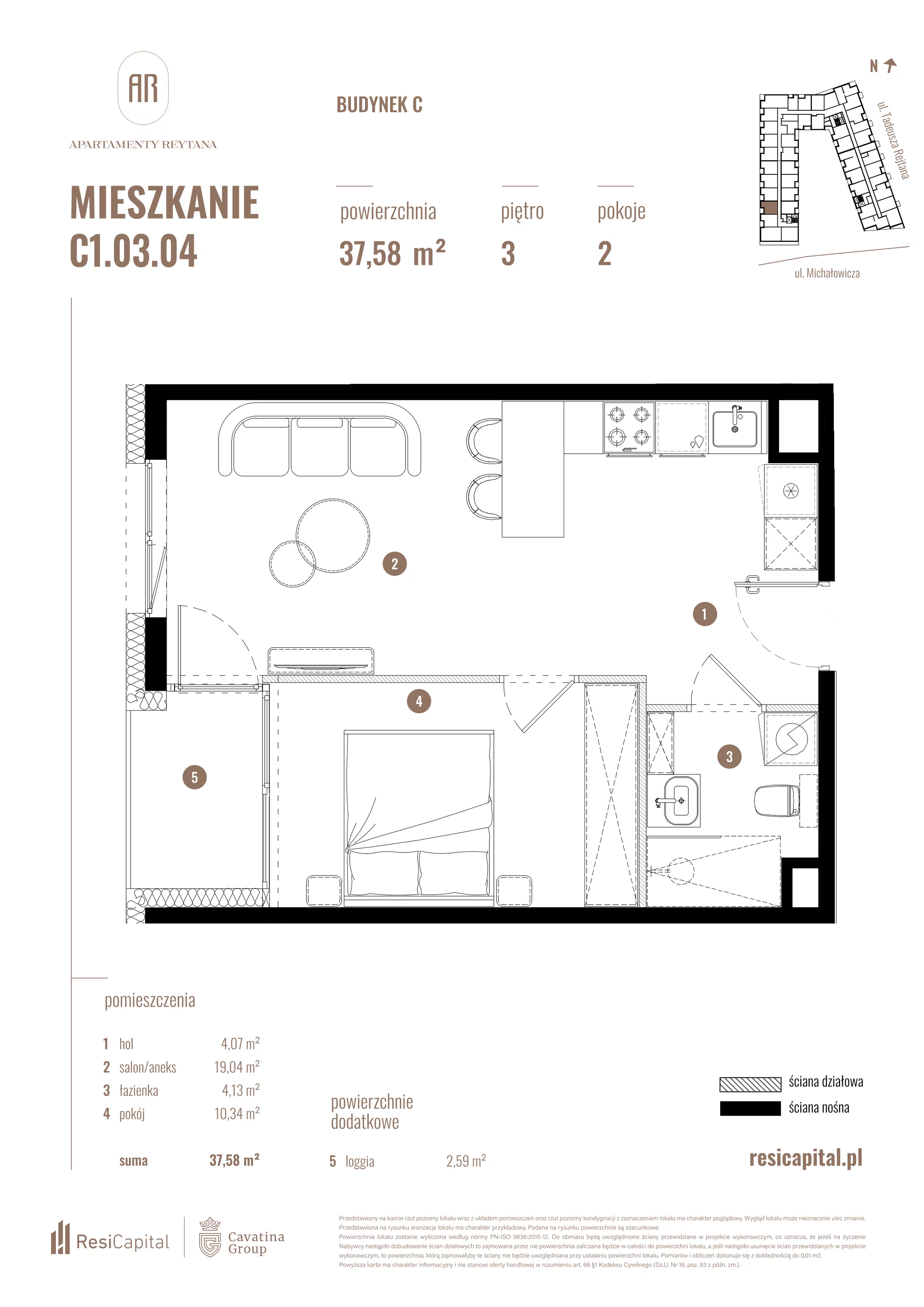 2 pokoje, mieszkanie 37,58 m², piętro 3, oferta nr C1.03.04, Apartamenty Reytana, Bielsko-Biała, ul. Rejtana 3