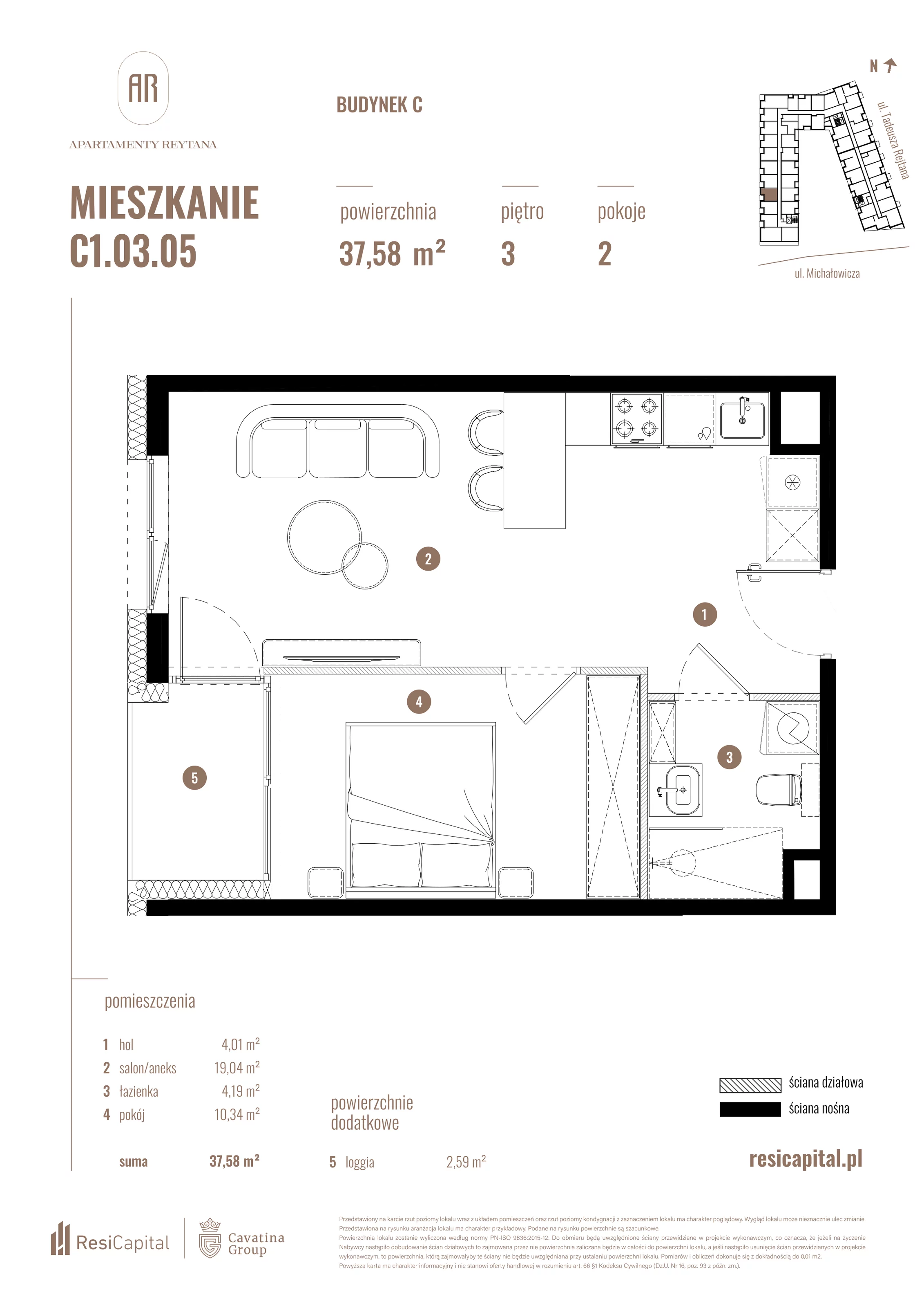 2 pokoje, mieszkanie 37,58 m², piętro 3, oferta nr C1.03.05, Apartamenty Reytana, Bielsko-Biała, ul. Rejtana 3