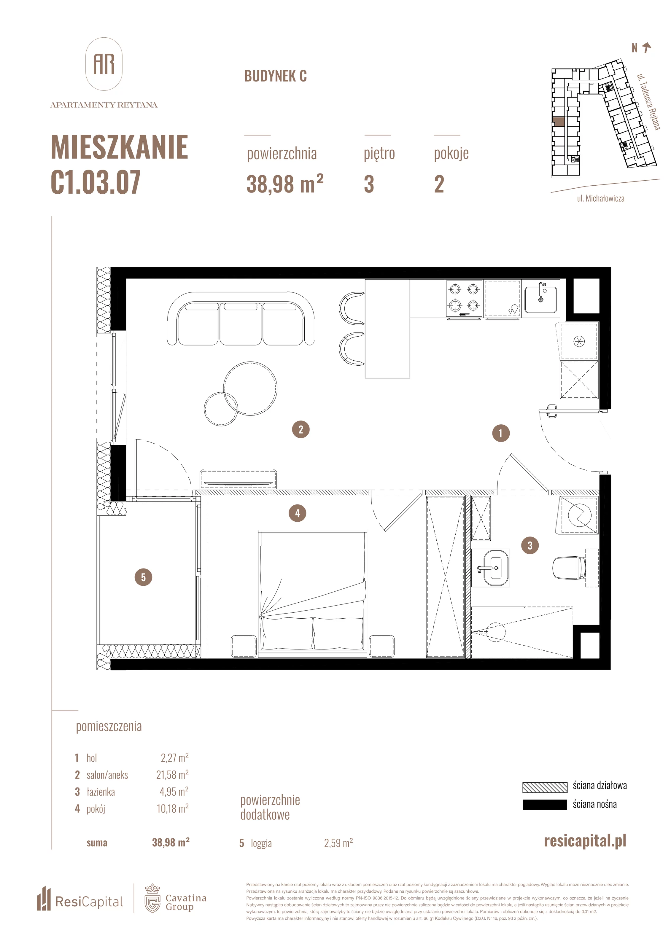 2 pokoje, mieszkanie 38,98 m², piętro 3, oferta nr C1.03.07, Apartamenty Reytana, Bielsko-Biała, ul. Rejtana 3
