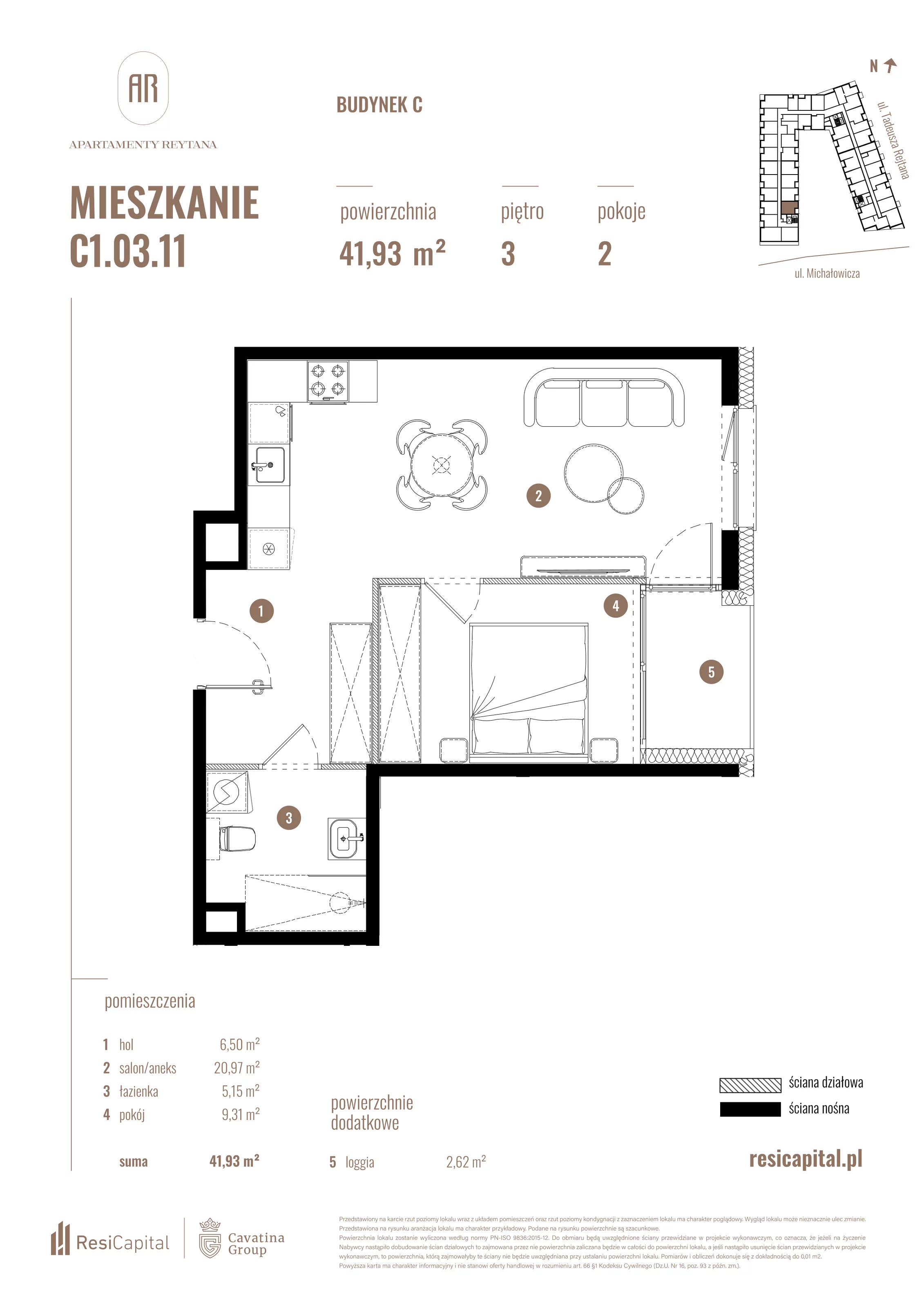 2 pokoje, mieszkanie 41,93 m², piętro 3, oferta nr C1.03.11, Apartamenty Reytana, Bielsko-Biała, ul. Rejtana 3