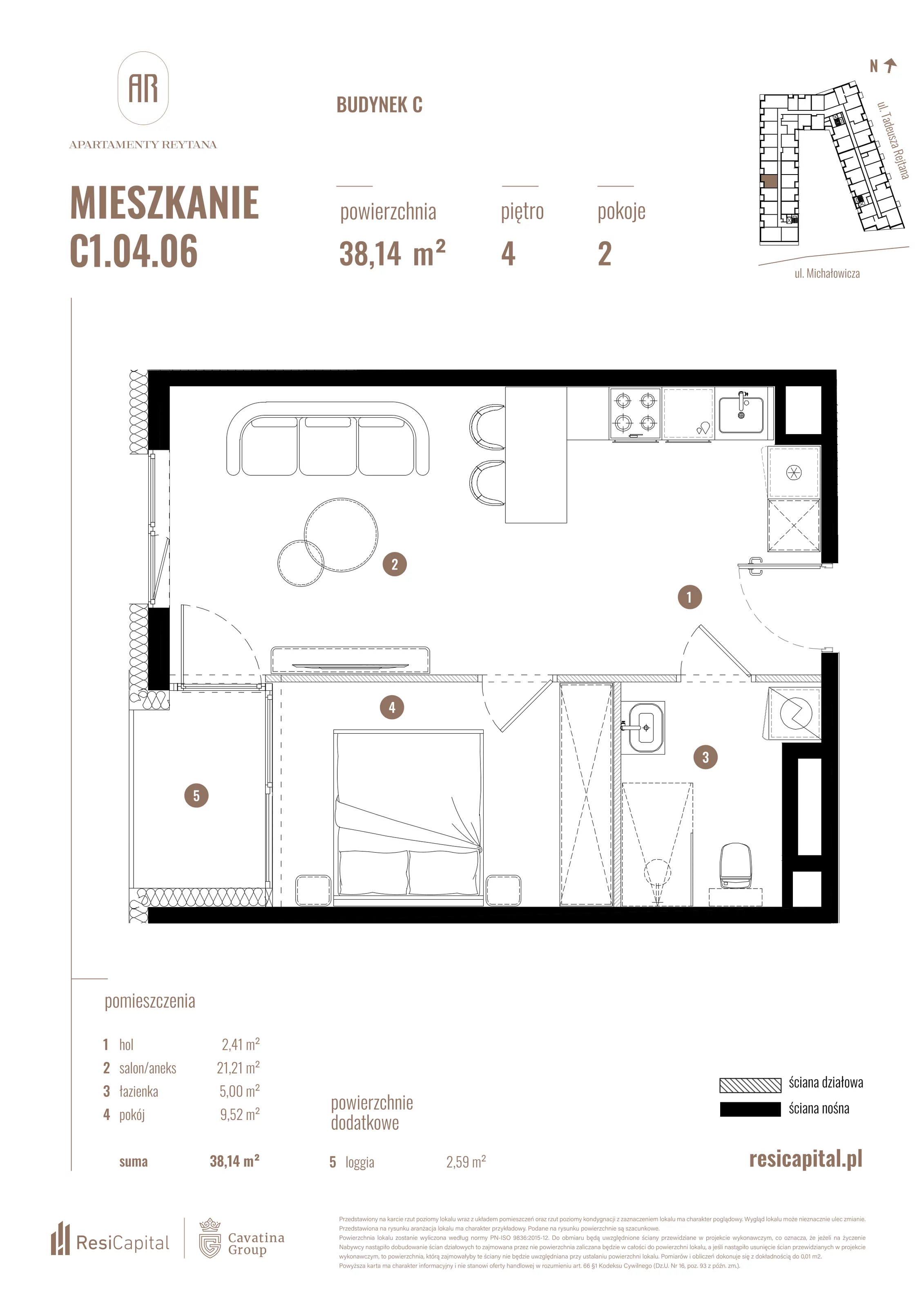2 pokoje, mieszkanie 38,14 m², piętro 4, oferta nr C1.04.06, Apartamenty Reytana, Bielsko-Biała, ul. Rejtana 3