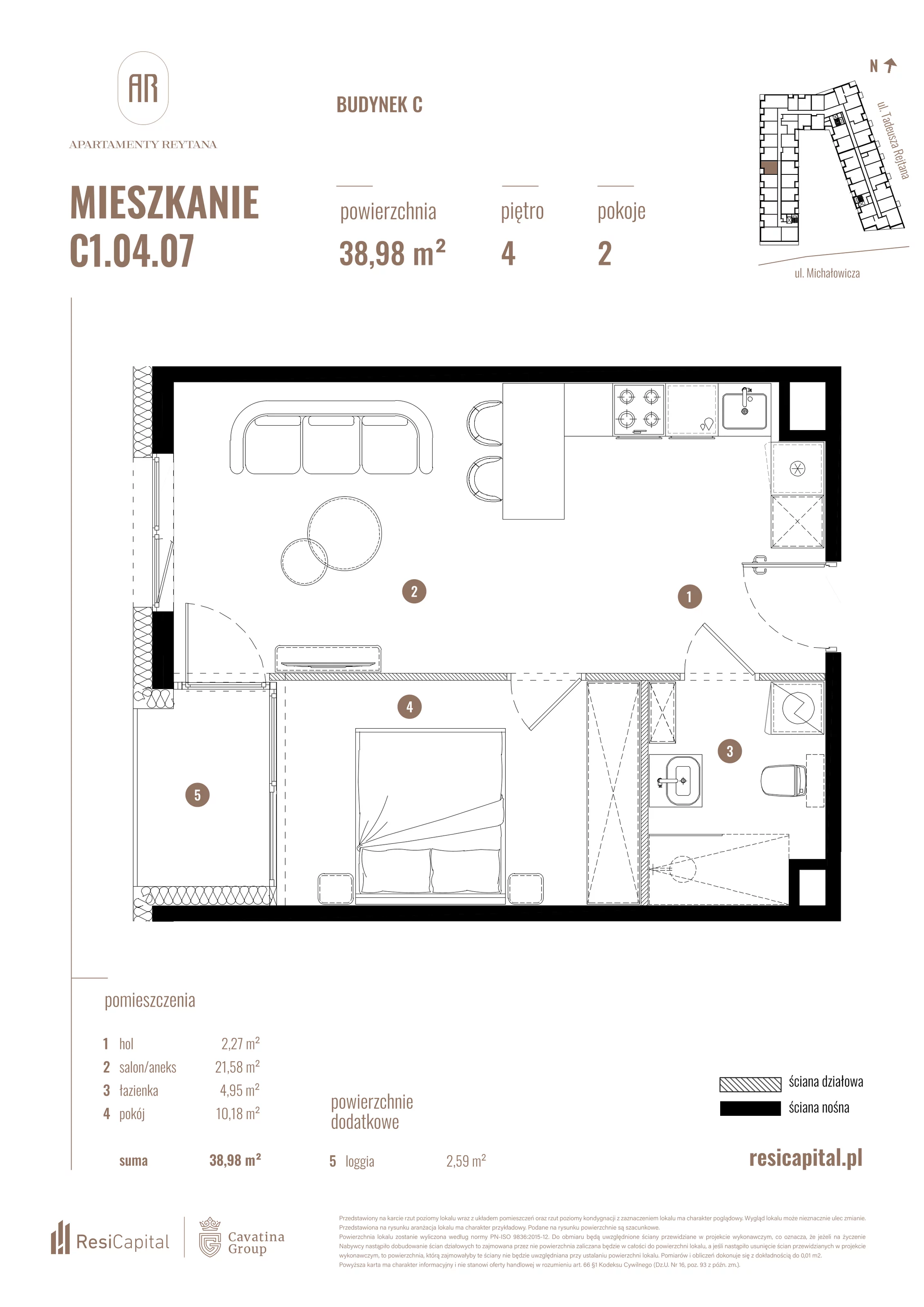 2 pokoje, mieszkanie 38,98 m², piętro 4, oferta nr C1.04.07, Apartamenty Reytana, Bielsko-Biała, ul. Rejtana 3