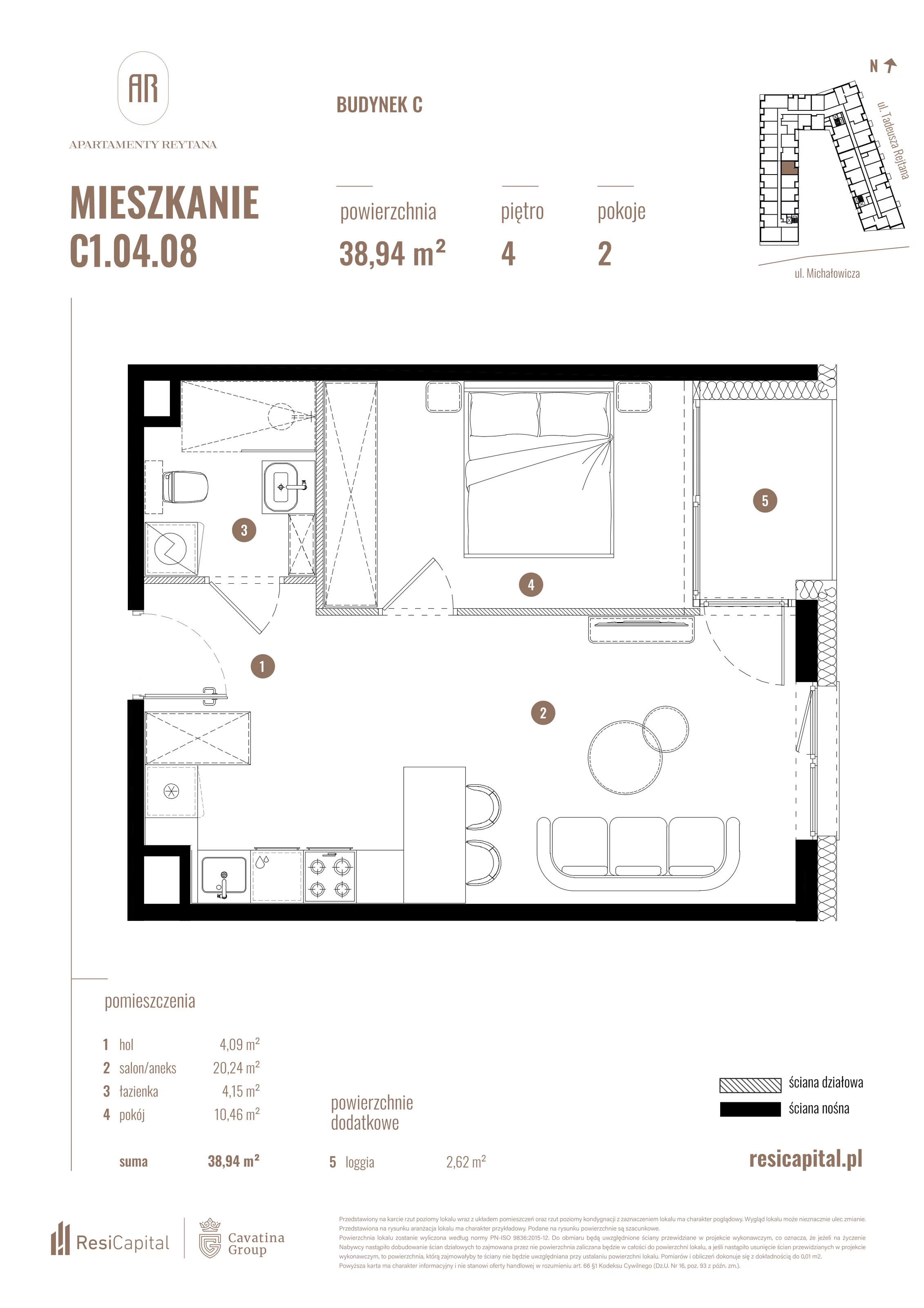 2 pokoje, mieszkanie 38,94 m², piętro 4, oferta nr C1.04.08, Apartamenty Reytana, Bielsko-Biała, ul. Rejtana 3