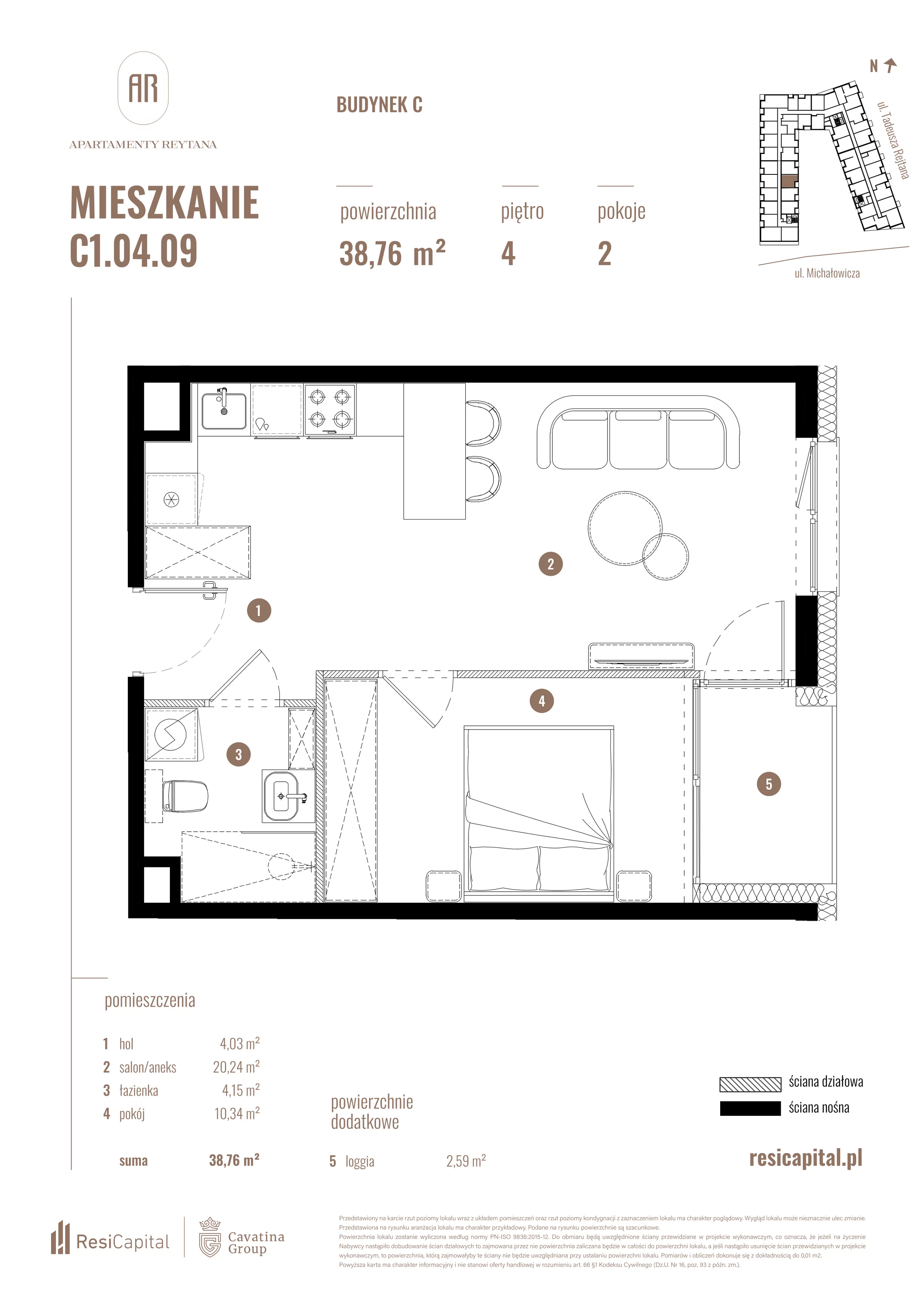 2 pokoje, mieszkanie 38,76 m², piętro 4, oferta nr C1.04.09, Apartamenty Reytana, Bielsko-Biała, ul. Rejtana 3