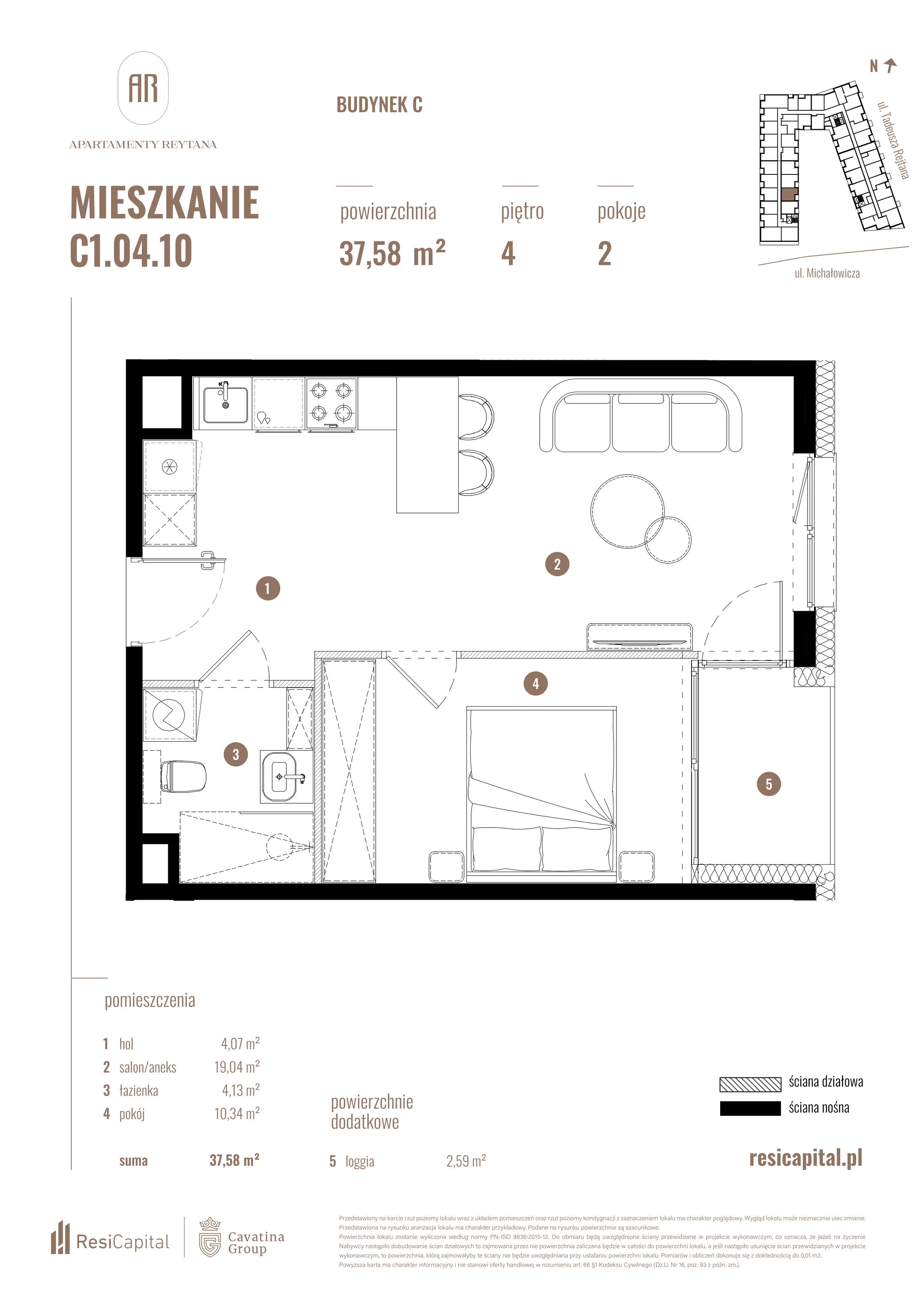 2 pokoje, mieszkanie 37,58 m², piętro 4, oferta nr C1.04.10, Apartamenty Reytana, Bielsko-Biała, ul. Rejtana 3