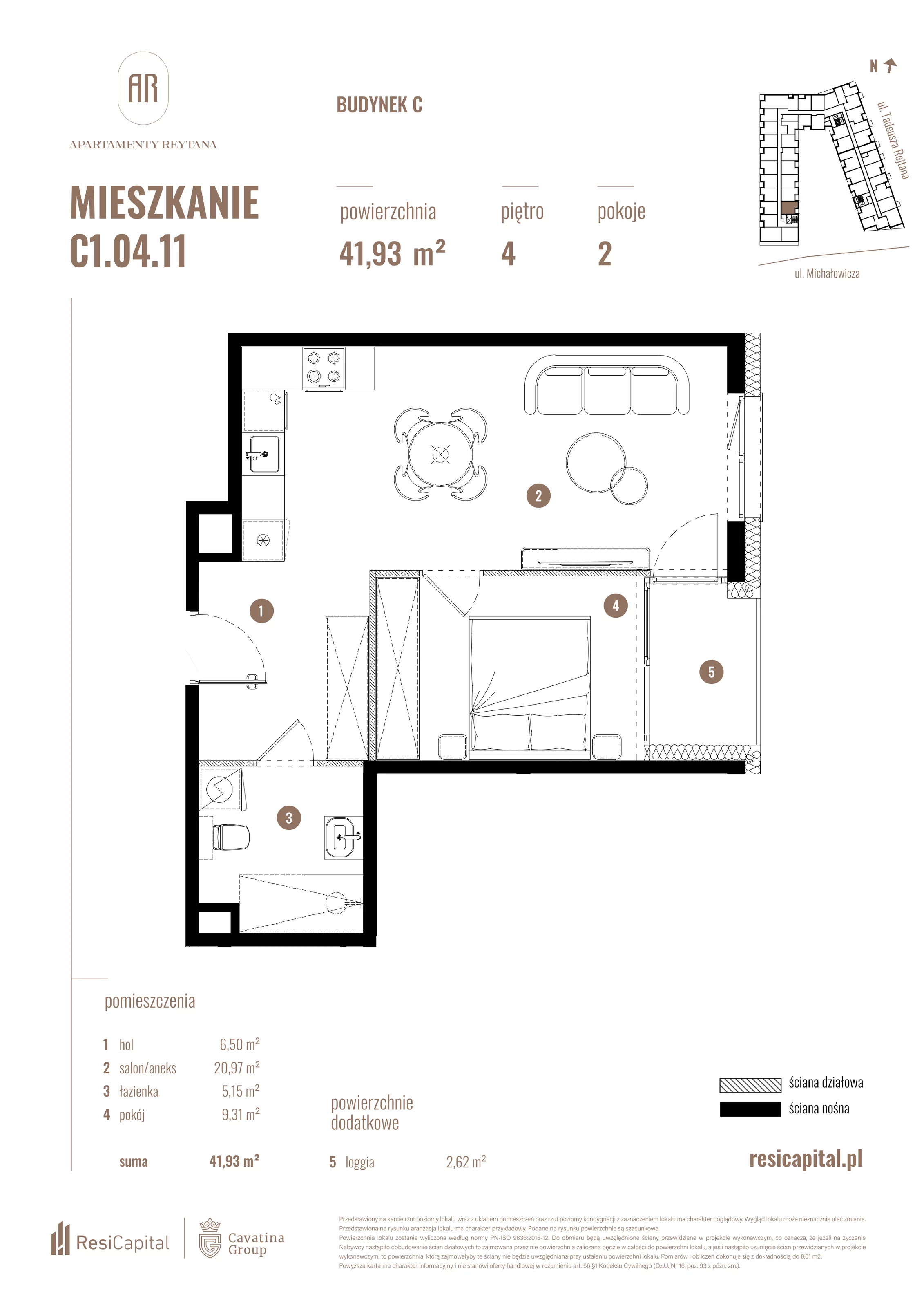 2 pokoje, mieszkanie 41,93 m², piętro 4, oferta nr C1.04.11, Apartamenty Reytana, Bielsko-Biała, ul. Rejtana 3