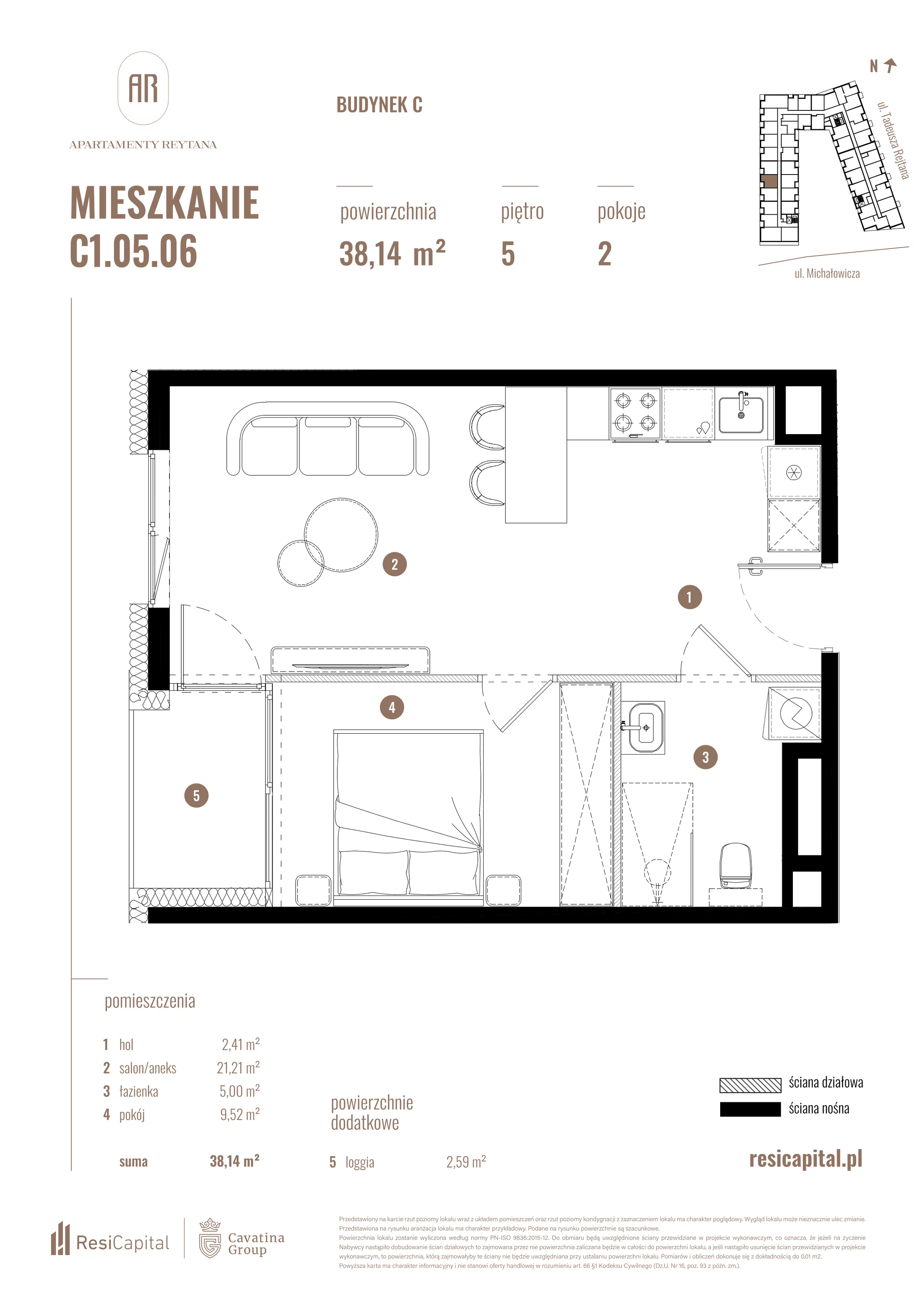 2 pokoje, mieszkanie 38,14 m², piętro 5, oferta nr C1.05.06, Apartamenty Reytana, Bielsko-Biała, ul. Rejtana 3