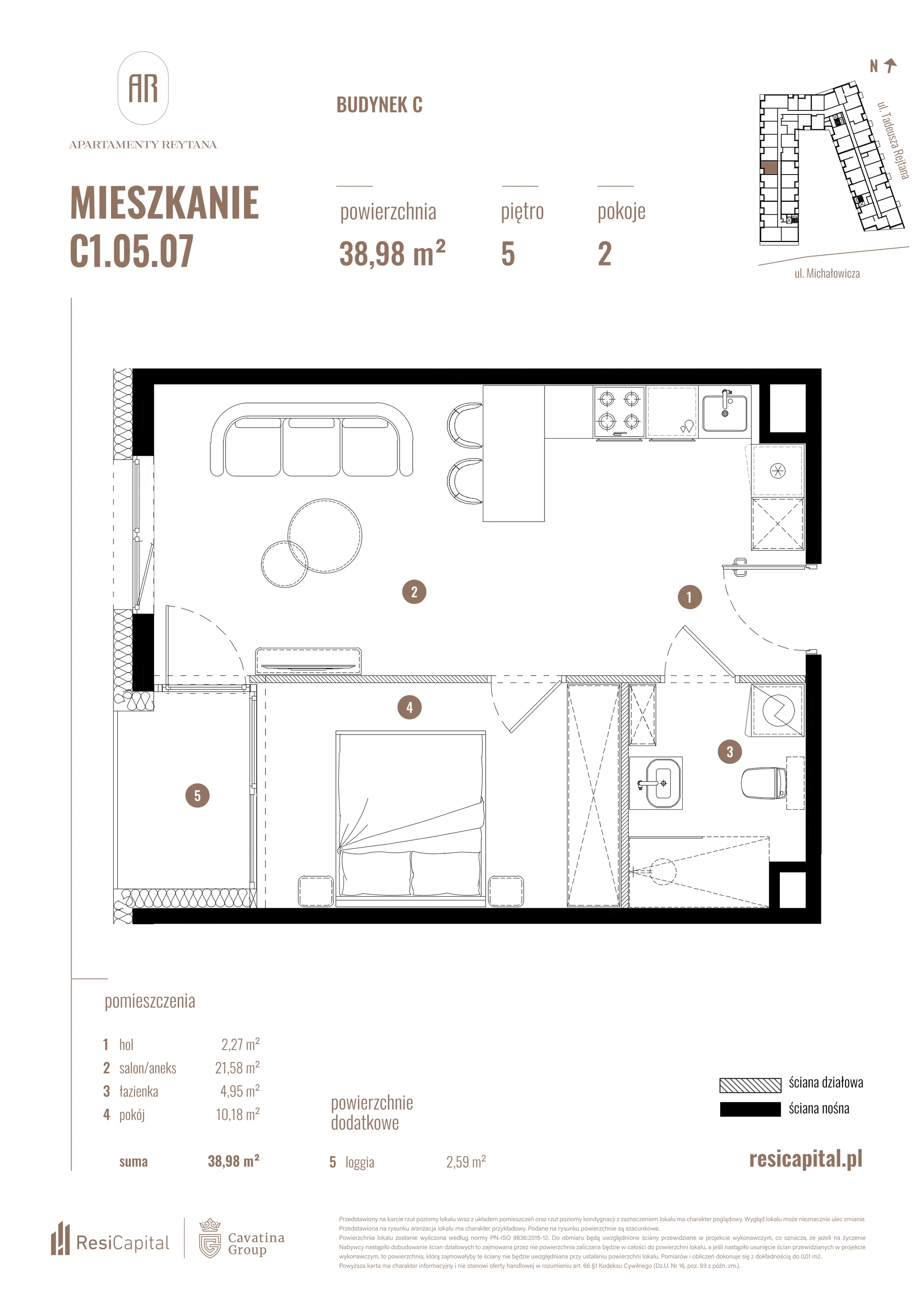 2 pokoje, mieszkanie 38,98 m², piętro 5, oferta nr C1.05.07, Apartamenty Reytana, Bielsko-Biała, ul. Rejtana 3