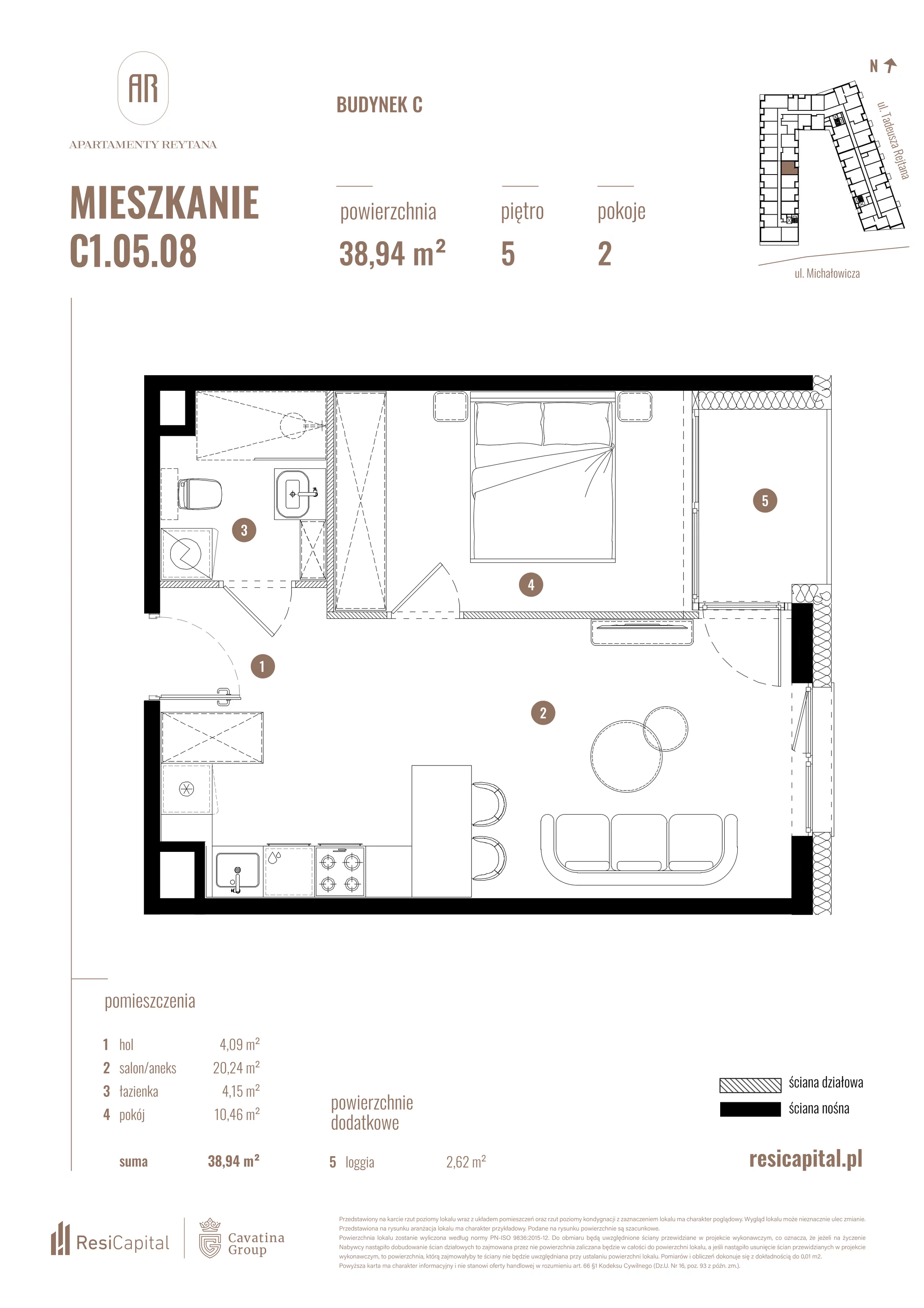 2 pokoje, mieszkanie 38,94 m², piętro 5, oferta nr C1.05.08, Apartamenty Reytana, Bielsko-Biała, ul. Rejtana 3