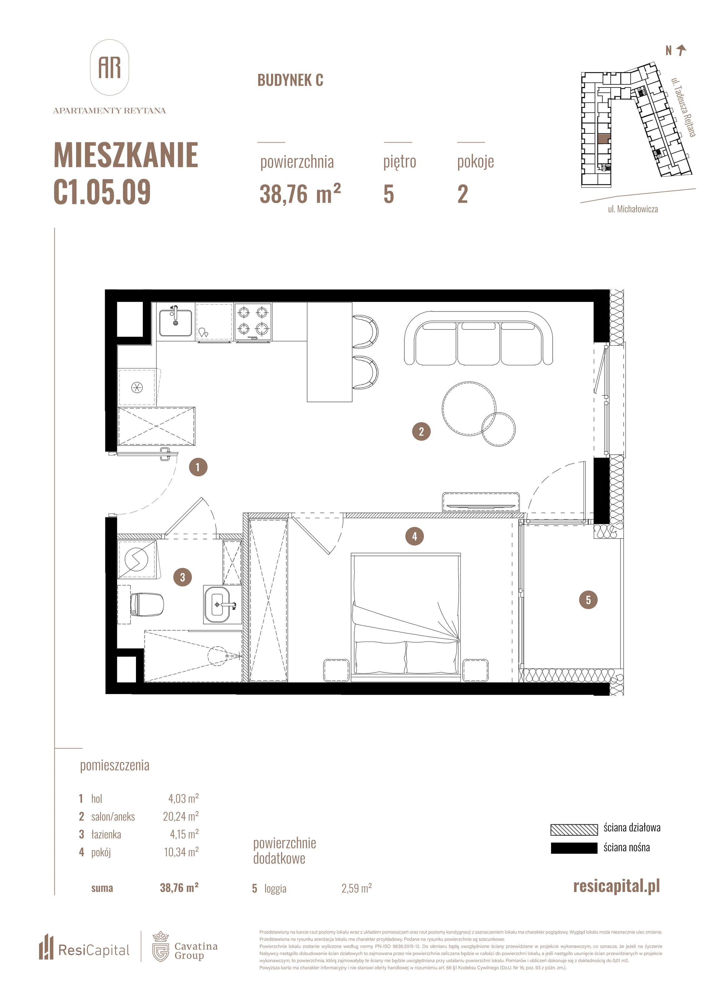 2 pokoje, mieszkanie 38,76 m², piętro 5, oferta nr C1.05.09, Apartamenty Reytana, Bielsko-Biała, ul. Rejtana 3