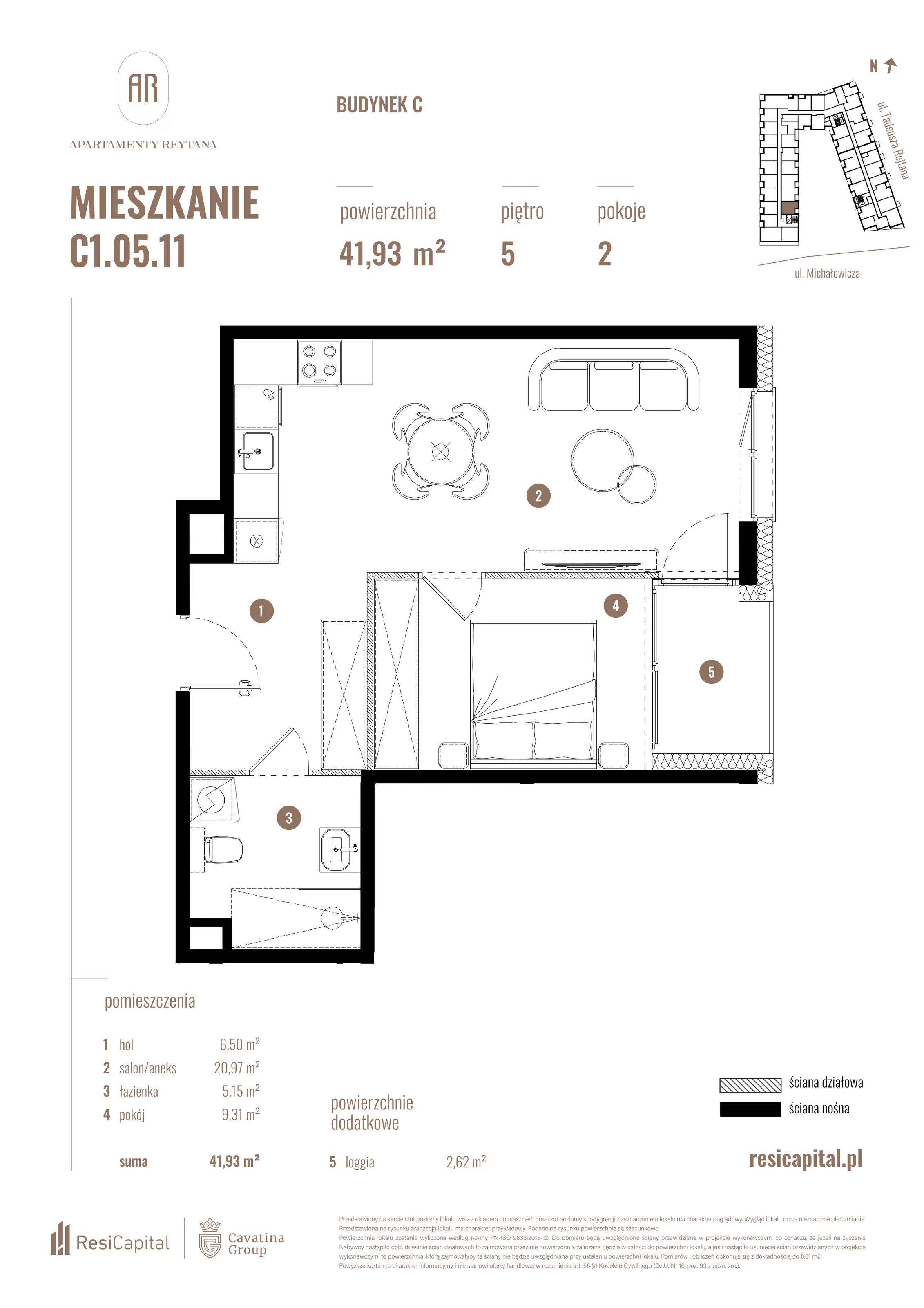 2 pokoje, mieszkanie 41,93 m², piętro 5, oferta nr C1.05.11, Apartamenty Reytana, Bielsko-Biała, ul. Rejtana 3