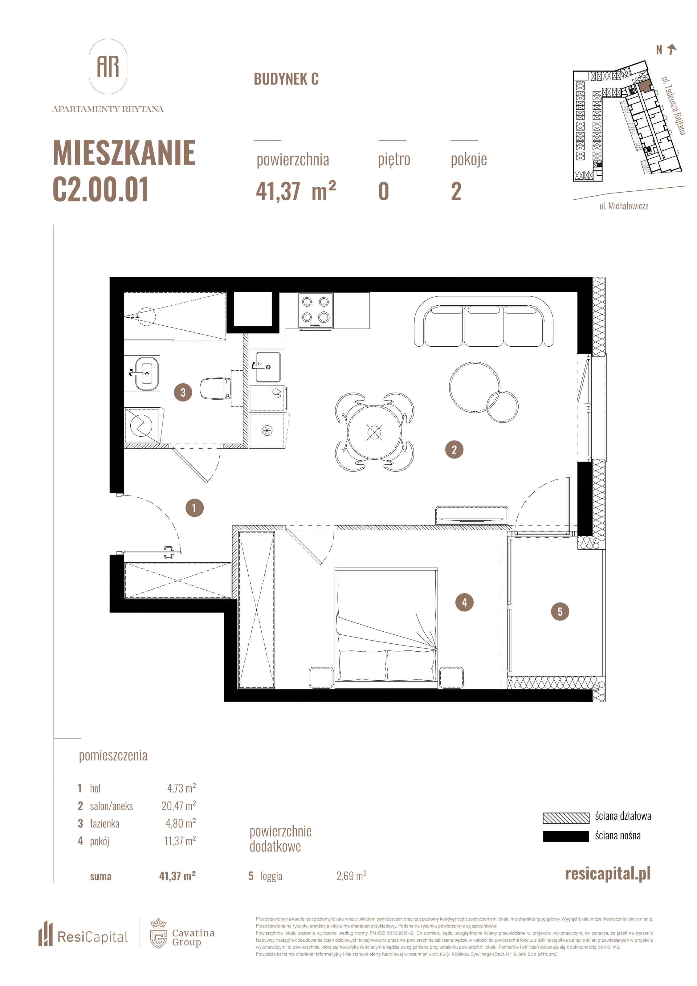2 pokoje, mieszkanie 41,37 m², parter, oferta nr C2.00.01, Apartamenty Reytana, Bielsko-Biała, ul. Rejtana 3