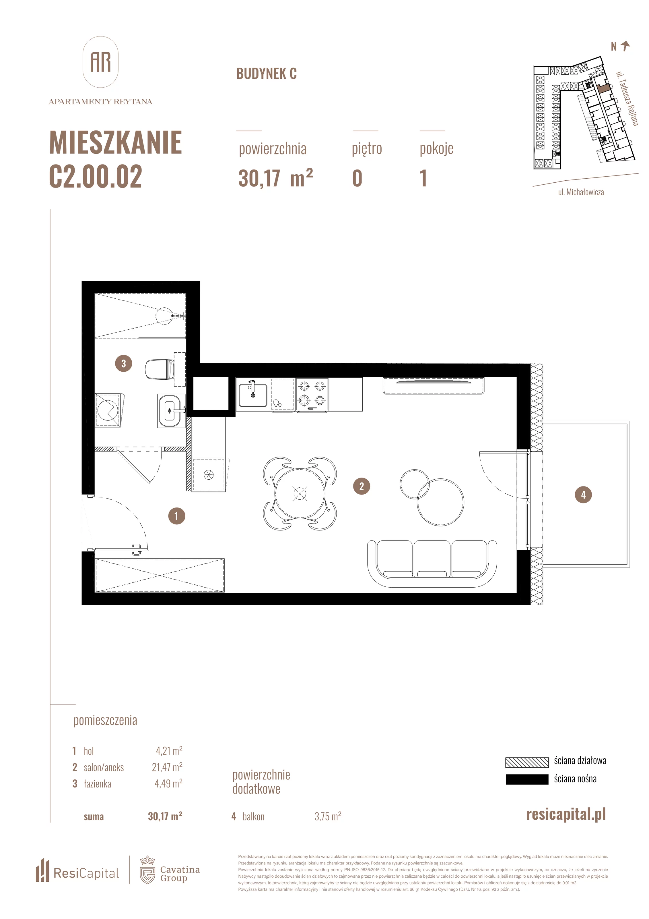 Mieszkanie 30,17 m², parter, oferta nr C2.00.02, Apartamenty Reytana, Bielsko-Biała, ul. Rejtana 3