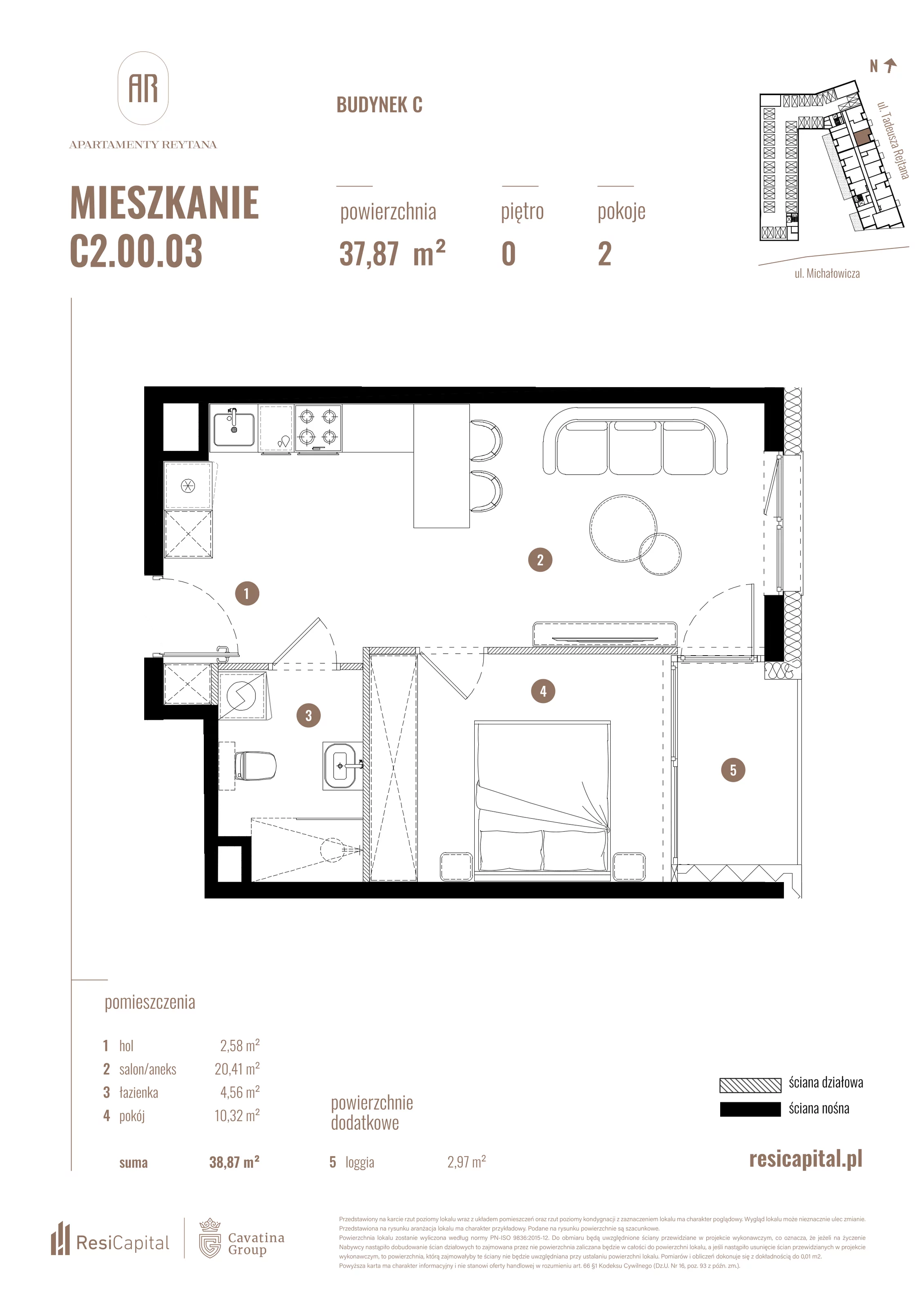 2 pokoje, mieszkanie 37,87 m², parter, oferta nr C2.00.03, Apartamenty Reytana, Bielsko-Biała, ul. Rejtana 3