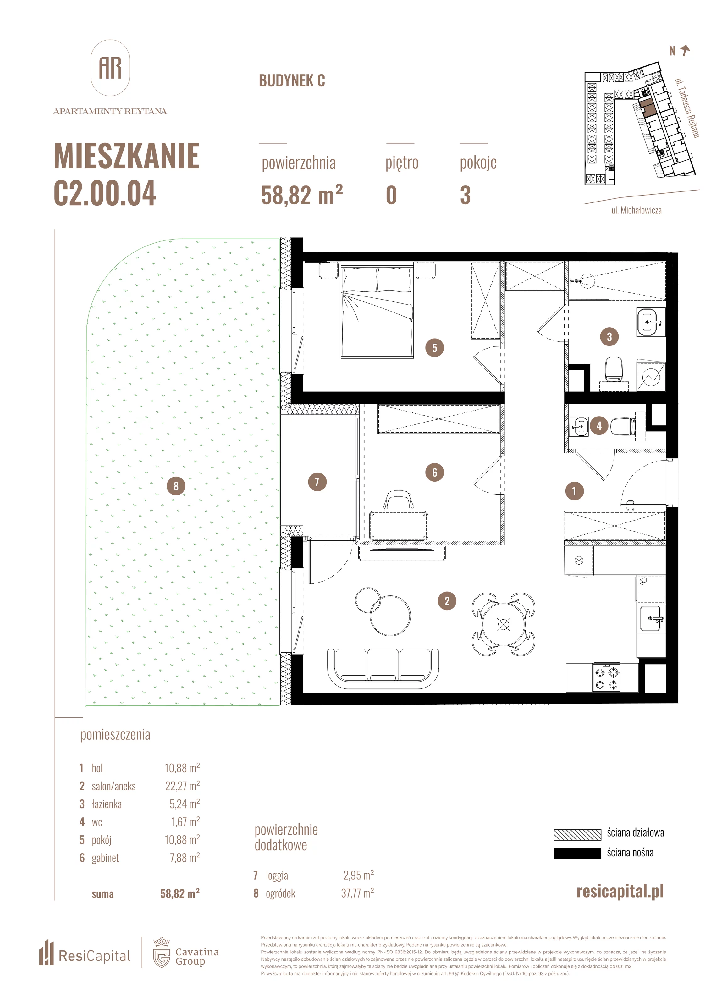 3 pokoje, mieszkanie 58,82 m², parter, oferta nr C2.00.04, Apartamenty Reytana, Bielsko-Biała, ul. Rejtana 3