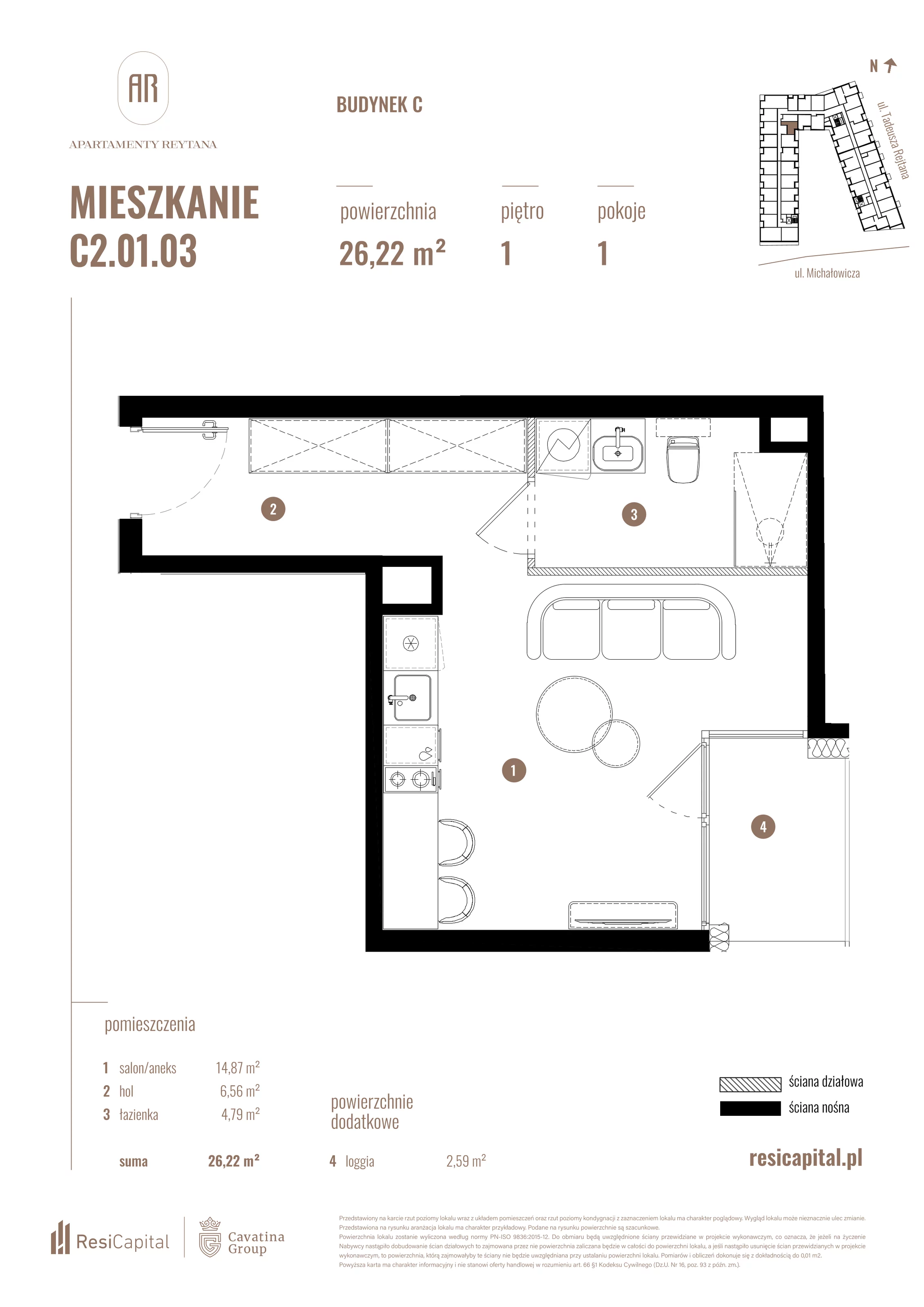 Mieszkanie 26,22 m², piętro 1, oferta nr C2.01.03, Apartamenty Reytana, Bielsko-Biała, ul. Rejtana 3