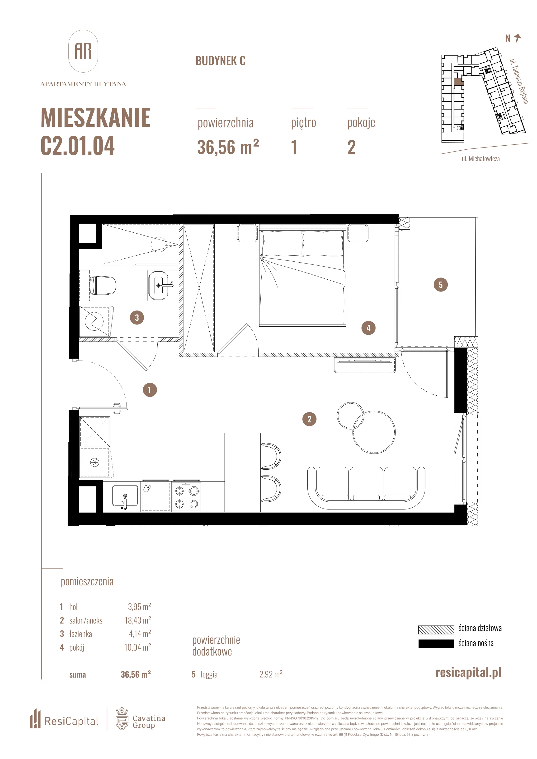 2 pokoje, mieszkanie 36,56 m², piętro 1, oferta nr C2.01.04, Apartamenty Reytana, Bielsko-Biała, ul. Rejtana 3