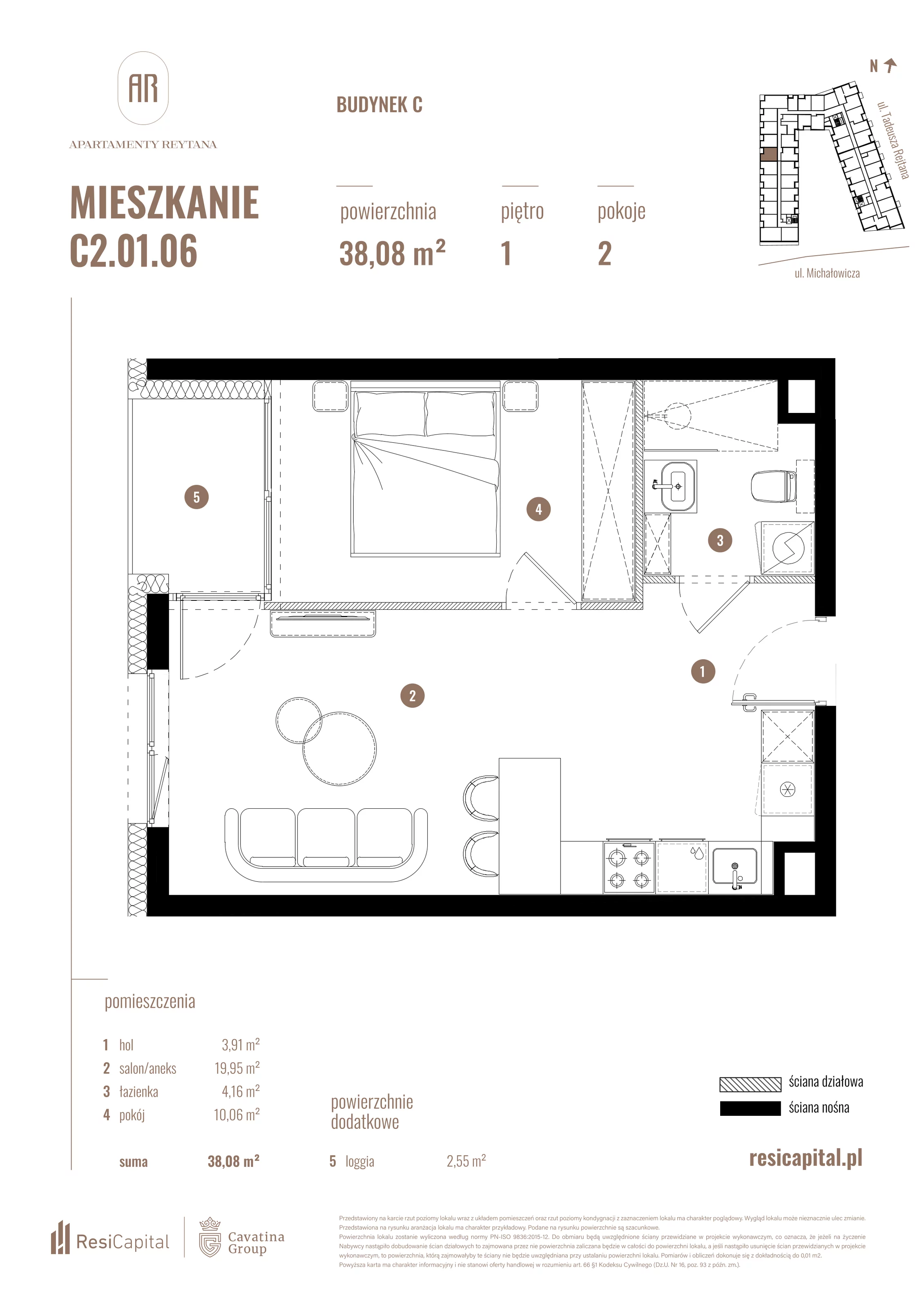 2 pokoje, mieszkanie 38,08 m², piętro 1, oferta nr C2.01.06, Apartamenty Reytana, Bielsko-Biała, ul. Rejtana 3